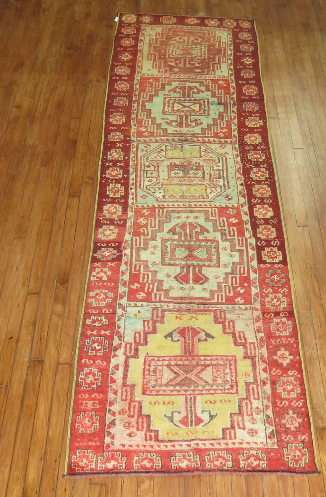 One of a kind Turkish runner with funky colors and funky design.