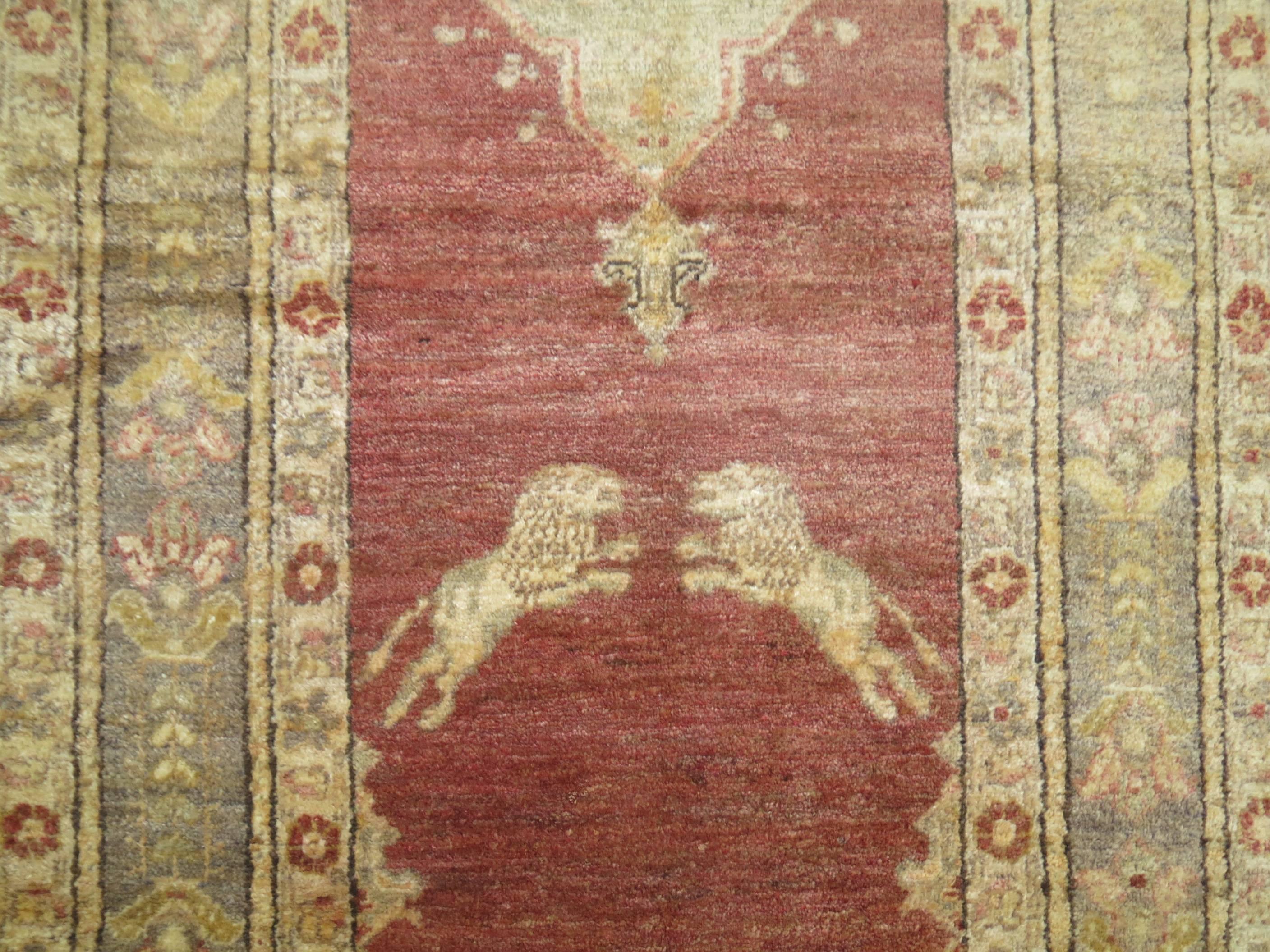 Hand-Woven Soft Red Turkish Lion Pictorial Runner For Sale