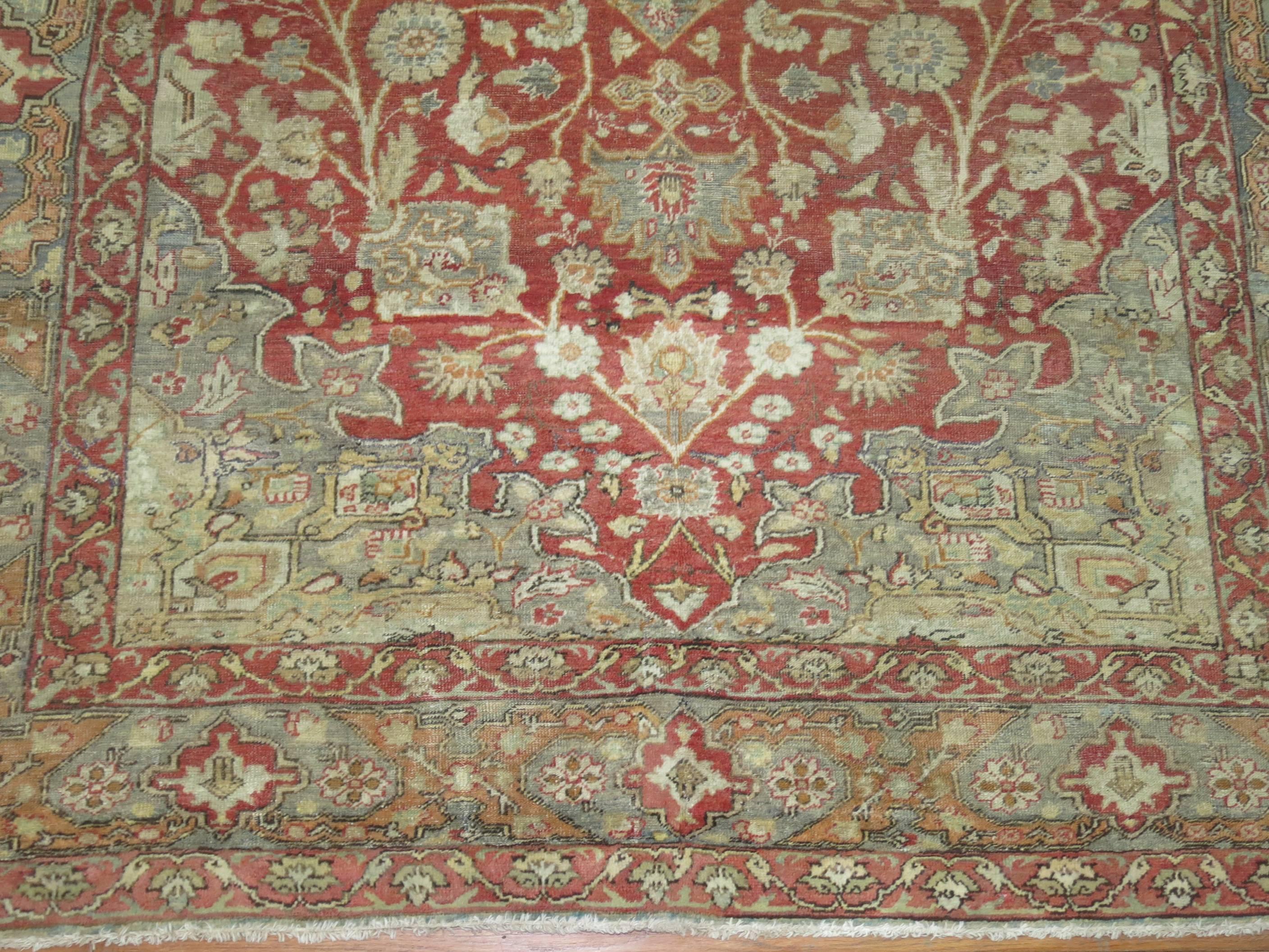 Rosy Red and Gray Antique Turkish Sivas Carpet In Good Condition For Sale In New York, NY