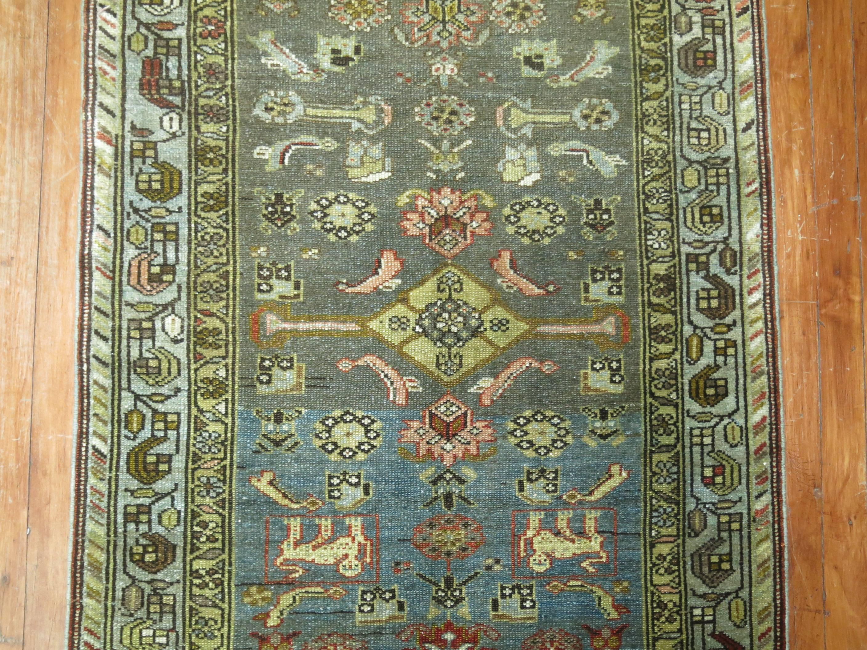 Stunning fine quality narrow and long abrashed Persian Malayer runner.

Abrash is a term used to describe color variations found in hand-knotted antique oriental rugs. Although such inconsistencies may be perceived as 'flaws' in coloration, an