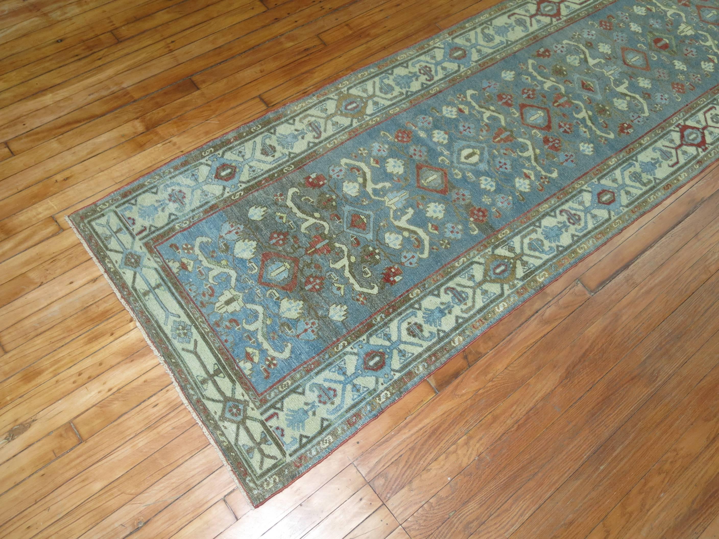 Tabriz Early 20th Century Blue Green Antique Persian Malayer Long Runner For Sale