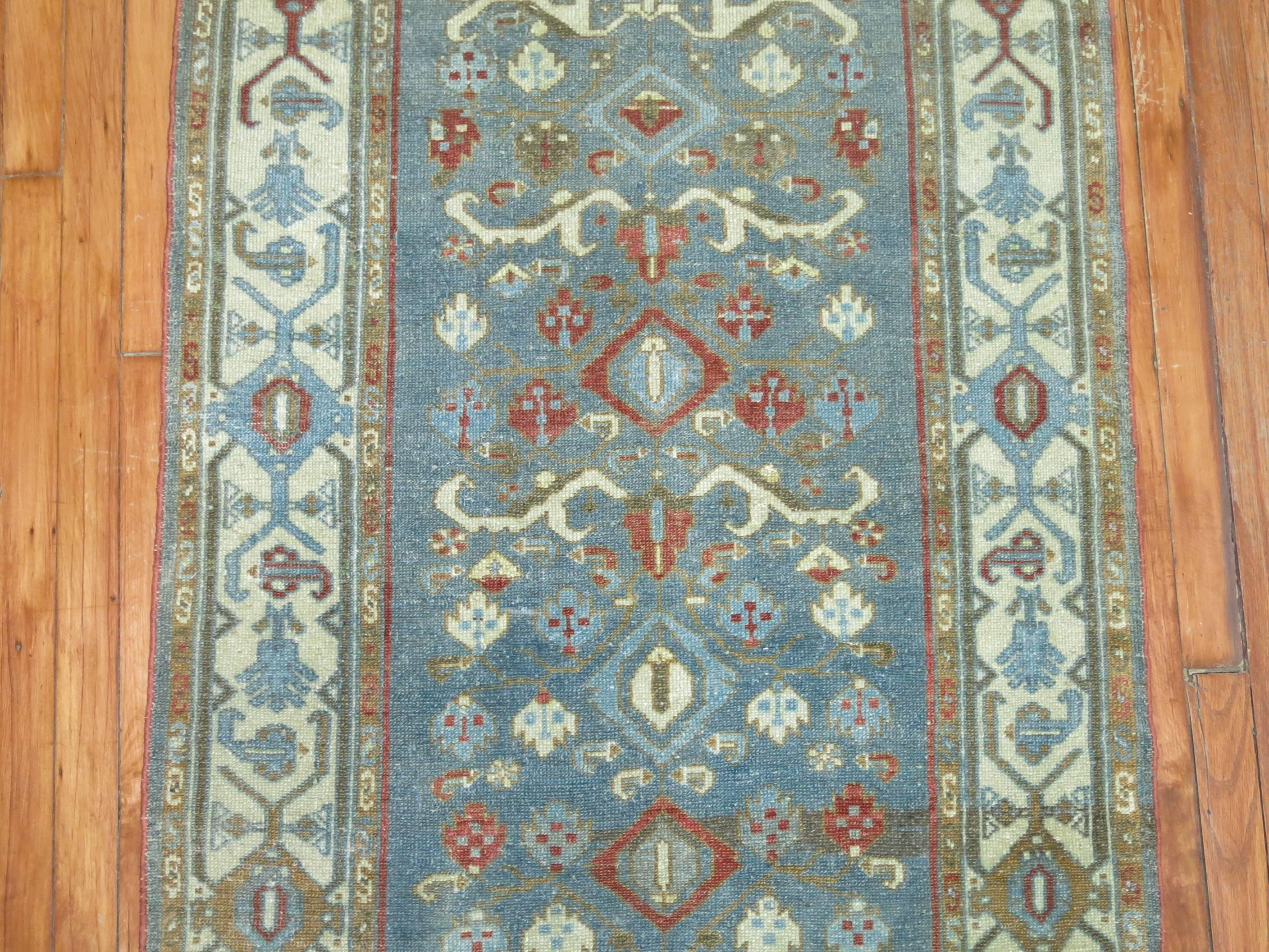 Asian Early 20th Century Blue Green Antique Persian Malayer Long Runner For Sale