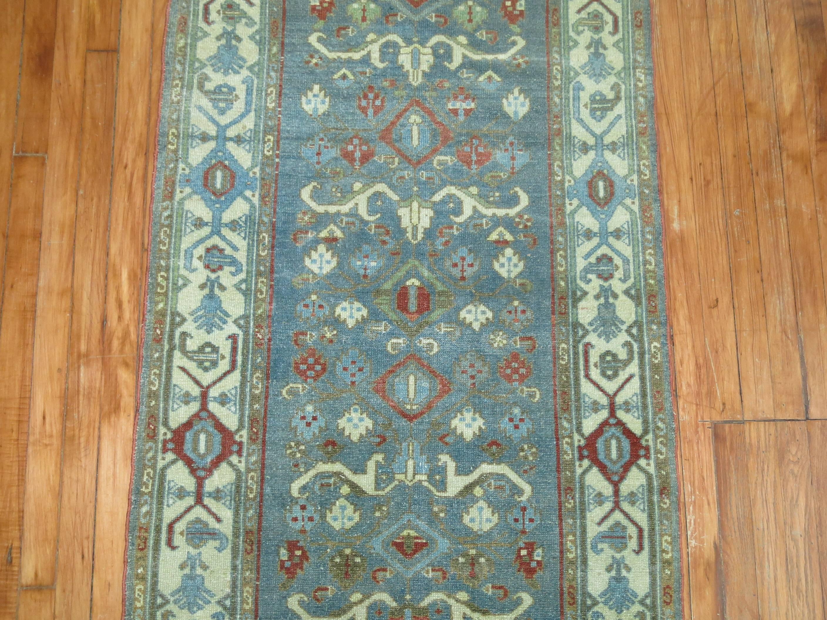 Hand-Knotted Early 20th Century Blue Green Antique Persian Malayer Long Runner For Sale