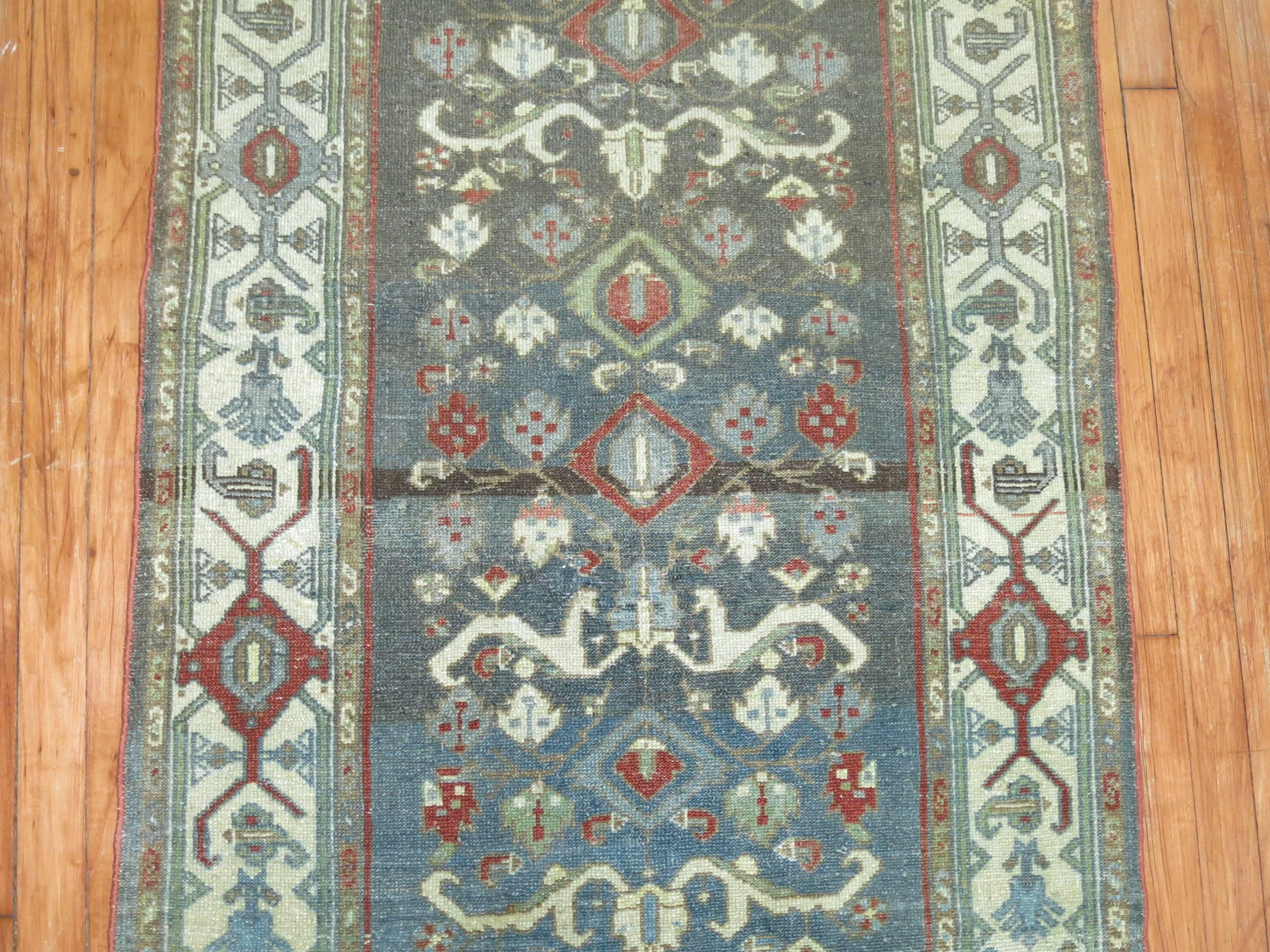Wool Early 20th Century Blue Green Antique Persian Malayer Long Runner For Sale
