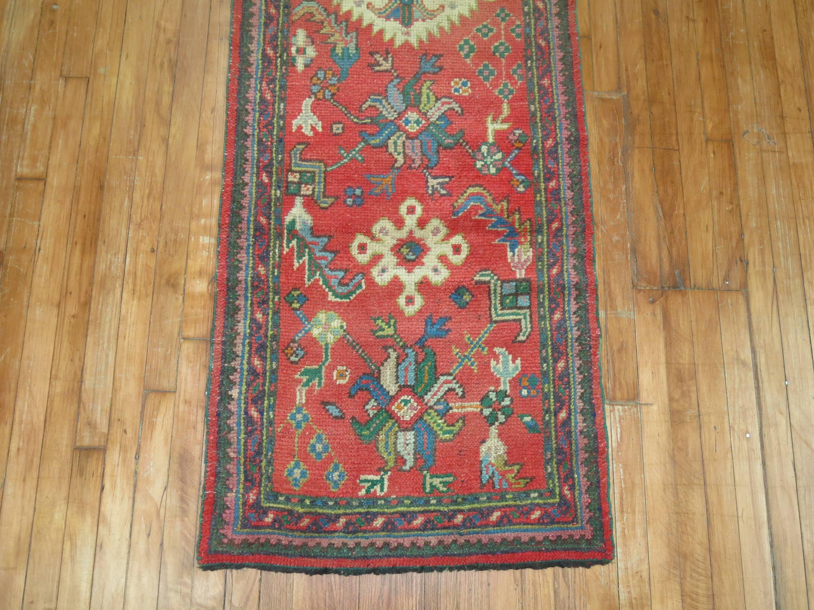 Tomato Red Antique Oushak Runner In Good Condition In New York, NY