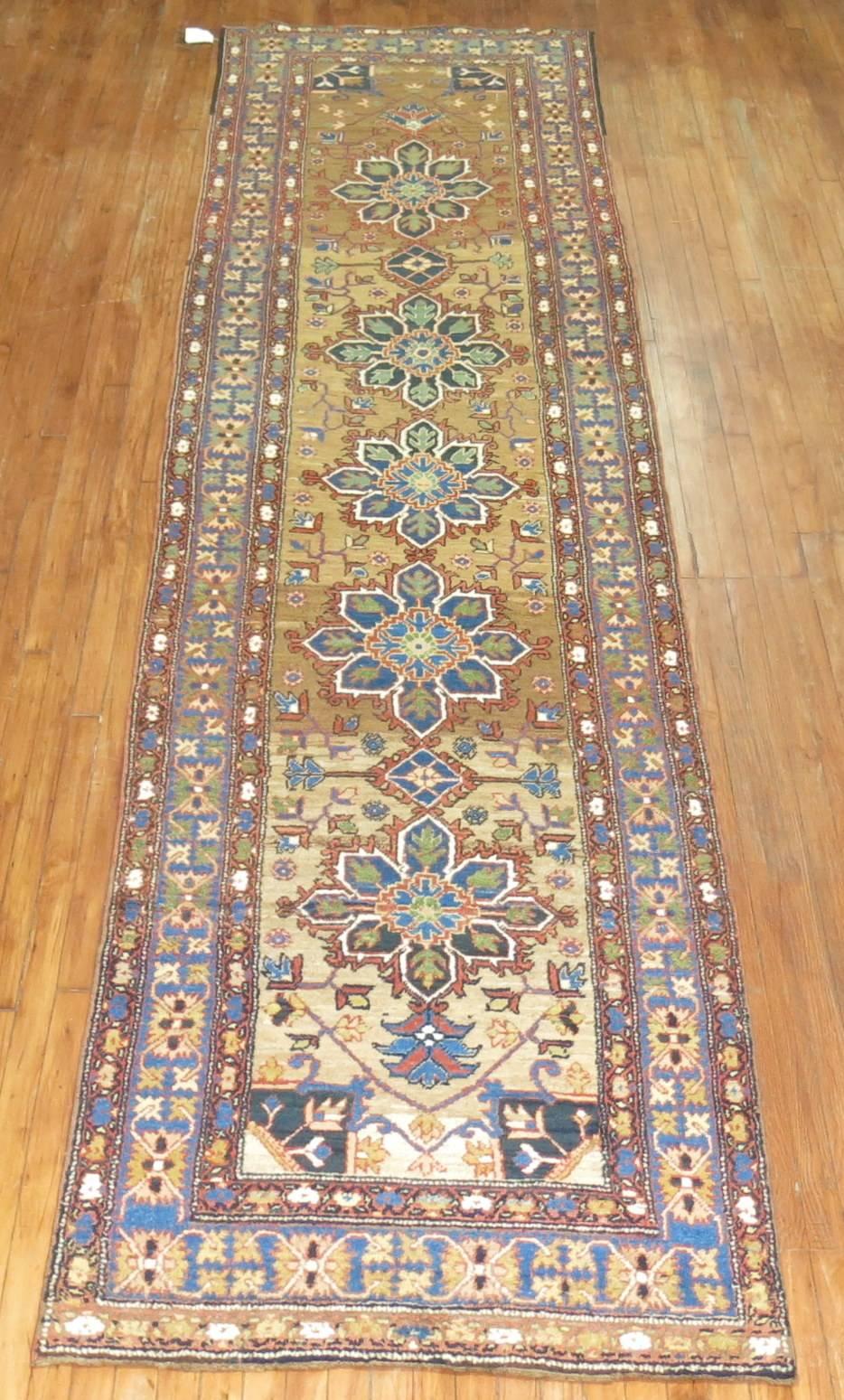 Interesting Persian kurd bidjar runner, accents in different shades of blue, green, orange on a camel abrashed ground.

Measures: 3'6'' x 14'7''.