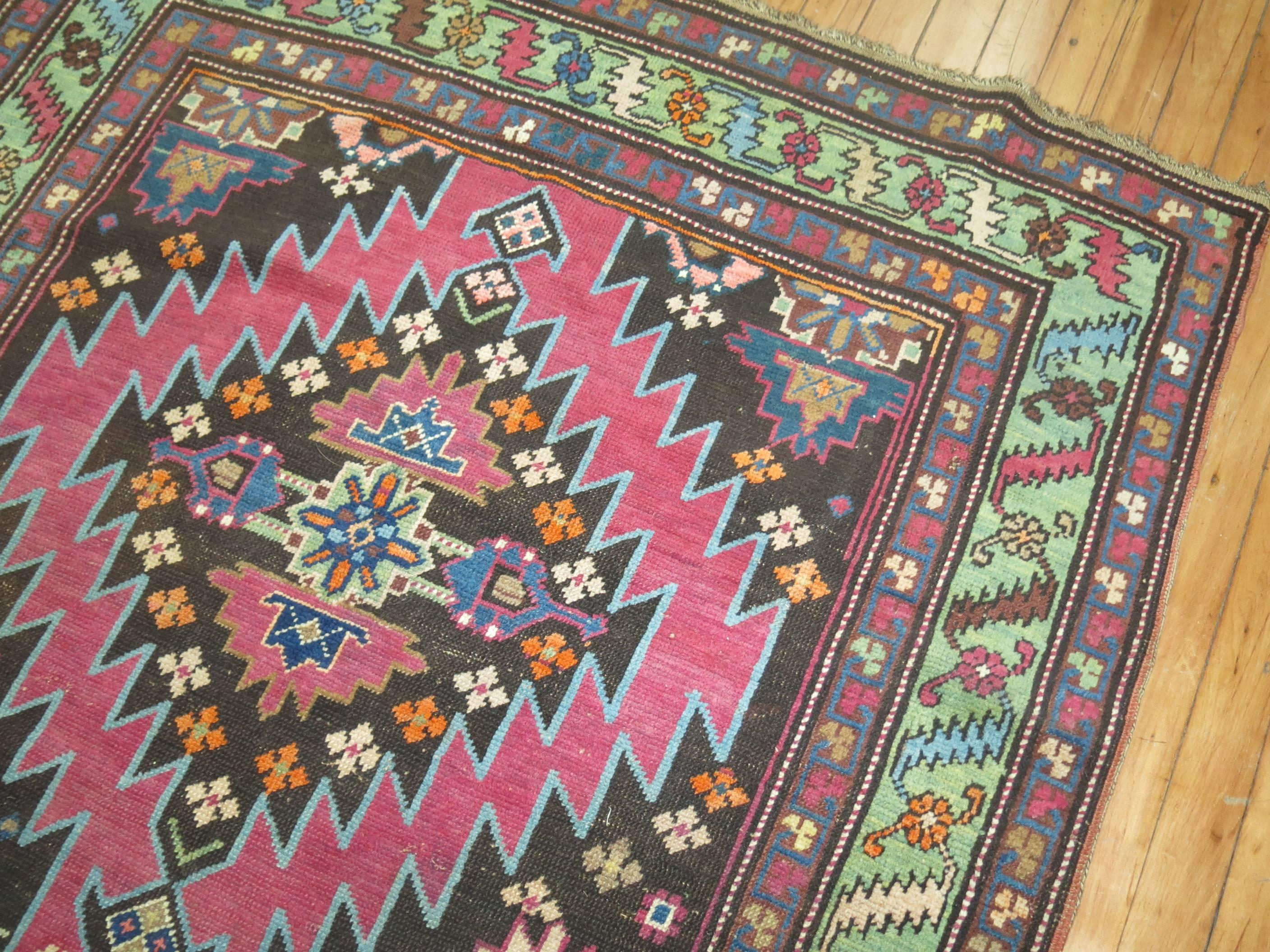 Russian Vintage Karabagh Runner in Bright Pink & Chartreuse For Sale