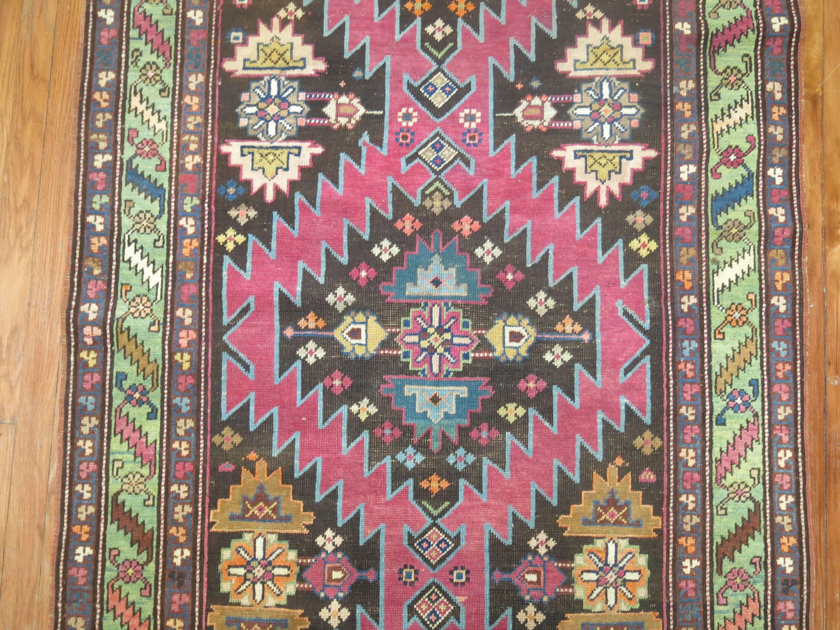 Hand-Knotted Vintage Karabagh Runner in Bright Pink & Chartreuse For Sale