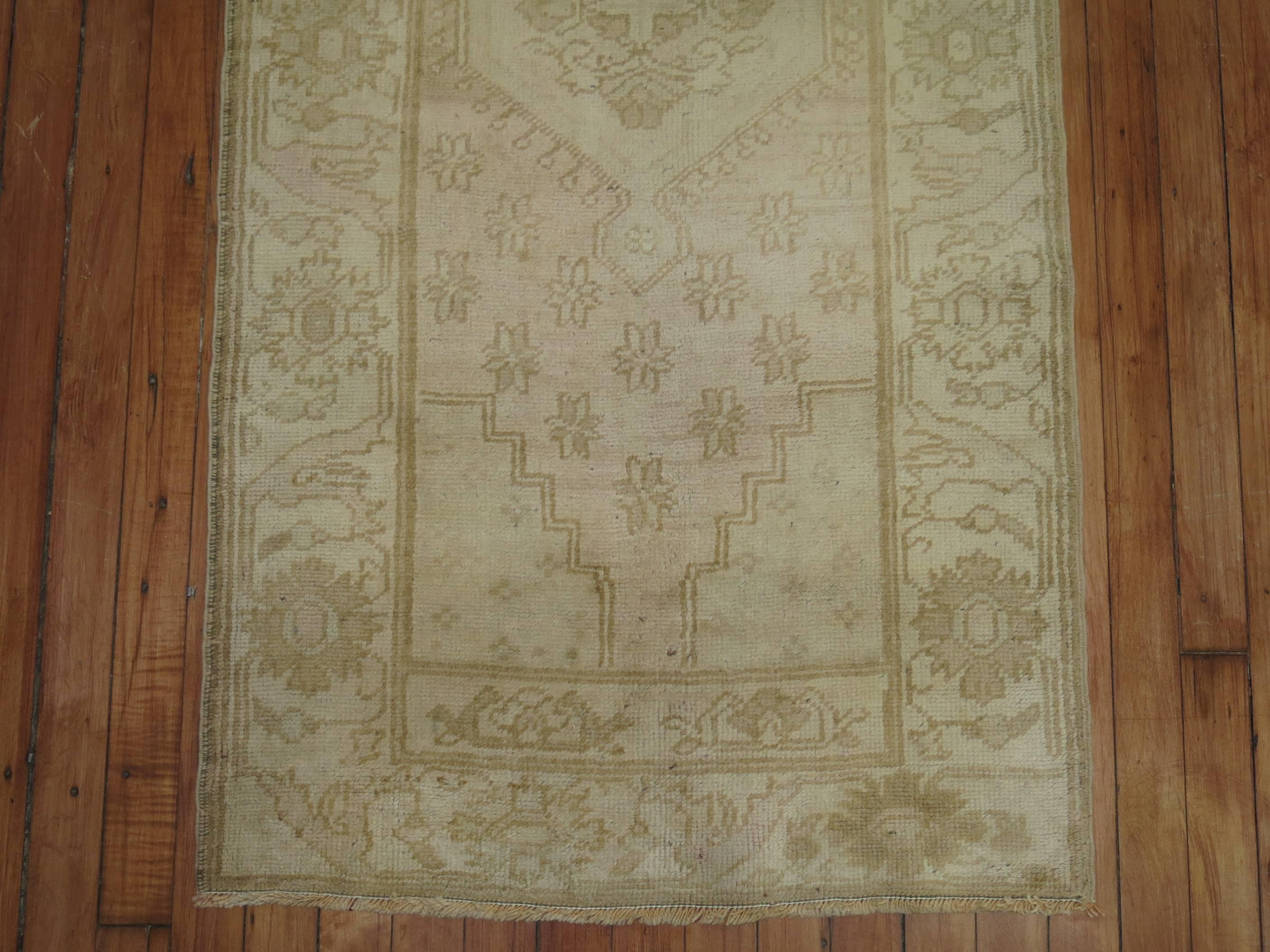 Hand-Knotted Pale Pink Cream Brown 20th Century Wool Turkish Oushak Runner