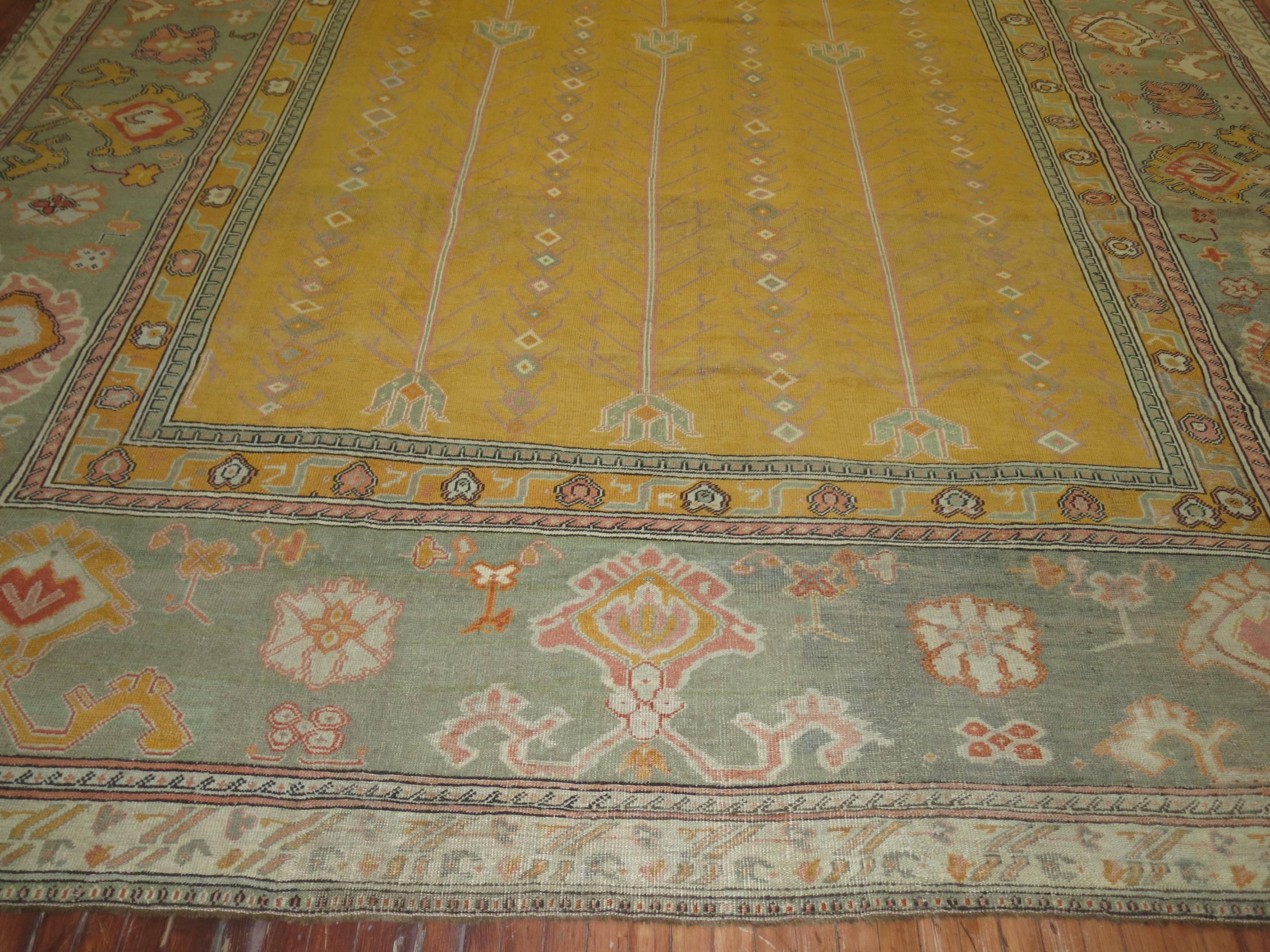 Oushak Yellow Antique Turkish Ghiordes Carpet For Sale