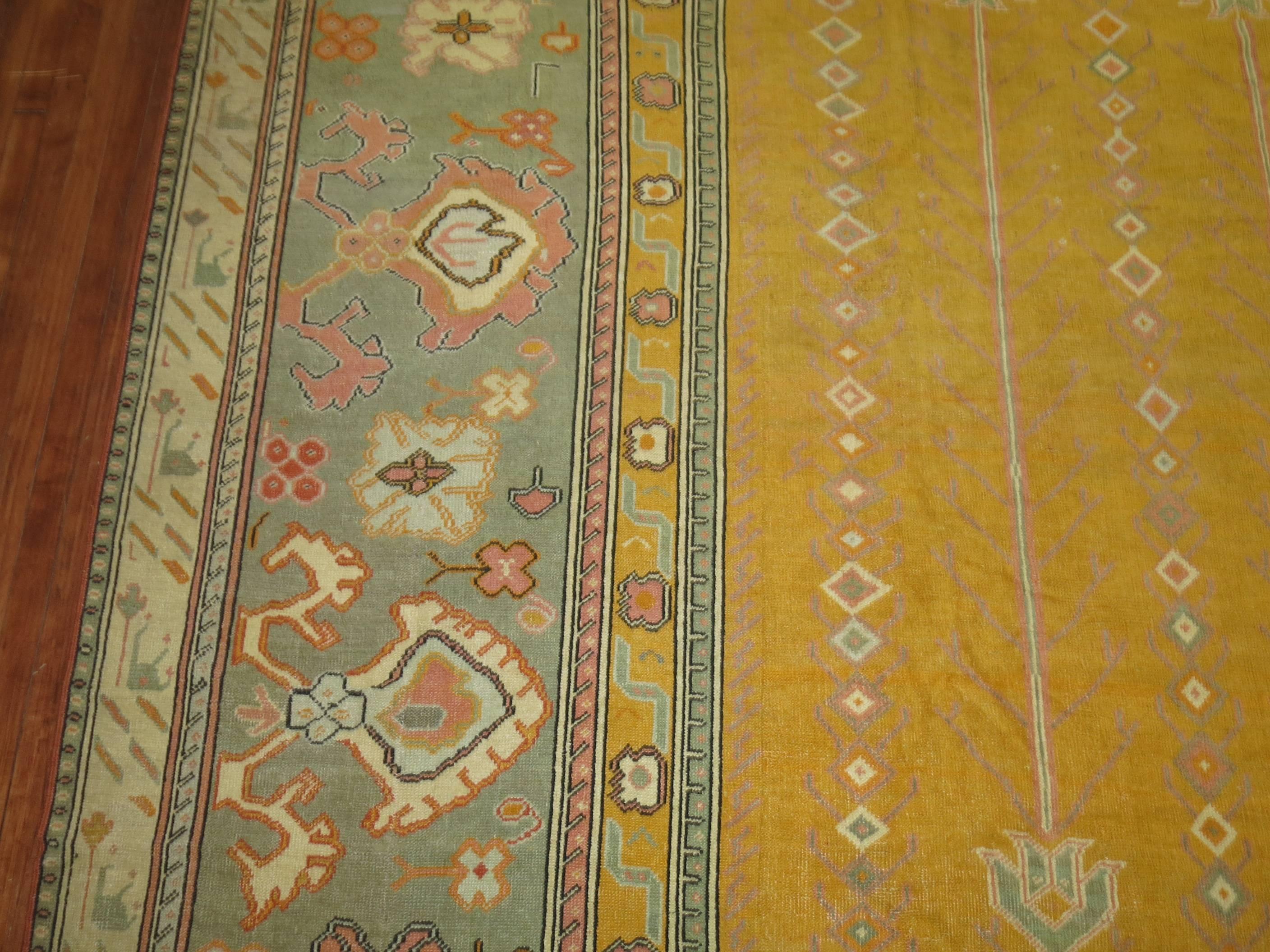 Yellow Antique Turkish Ghiordes Carpet In Good Condition For Sale In New York, NY