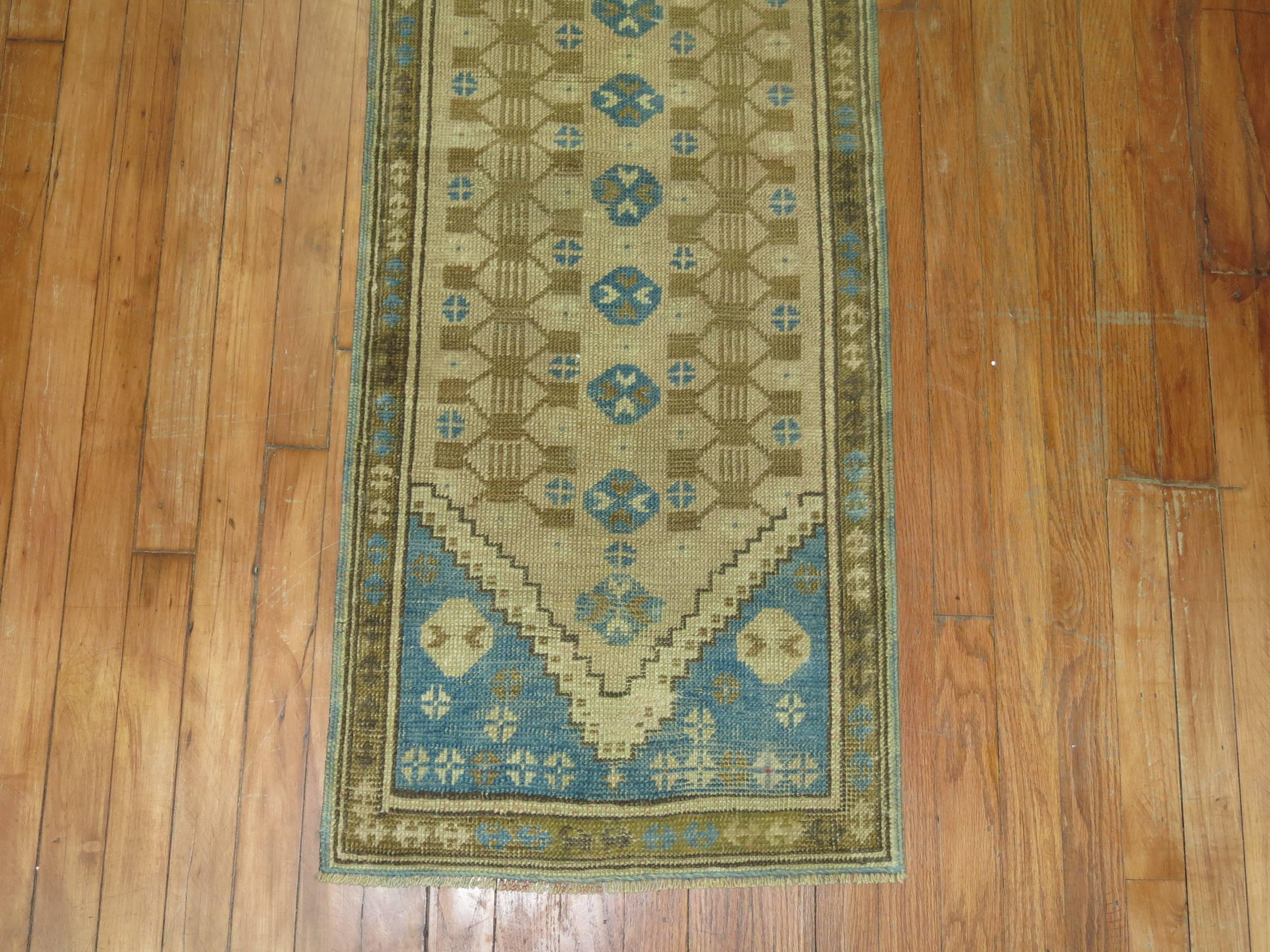 Mid-Century narrow and short Turkish runner in predominant shades in turquoise, brown and khaki.