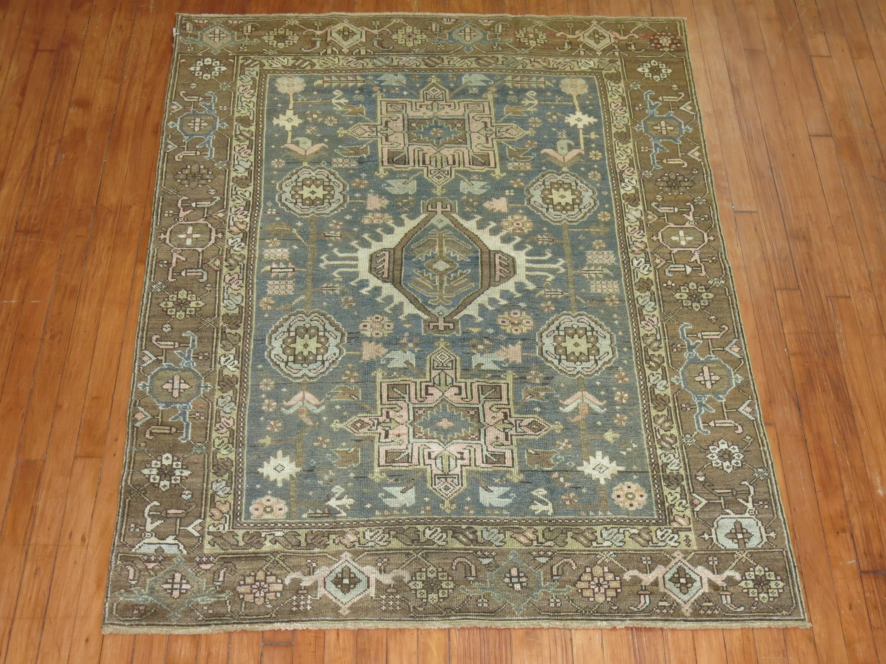 One of a kind Persian Heriz rug with a sea foam field. Accents in brown, caramel pops of pink and blue.