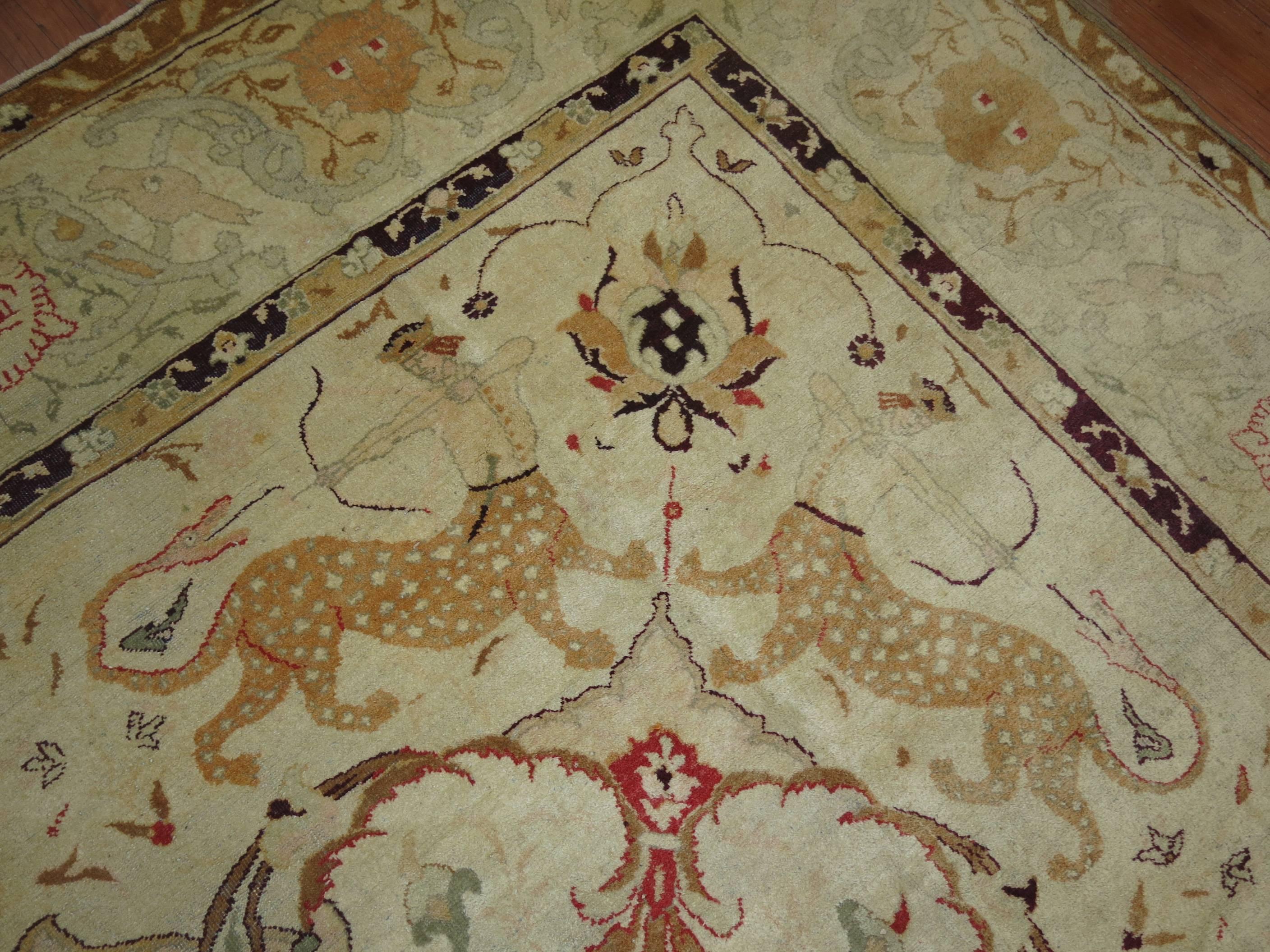 Hand-Knotted Antique Agra Indian Hunting Scene Carpet