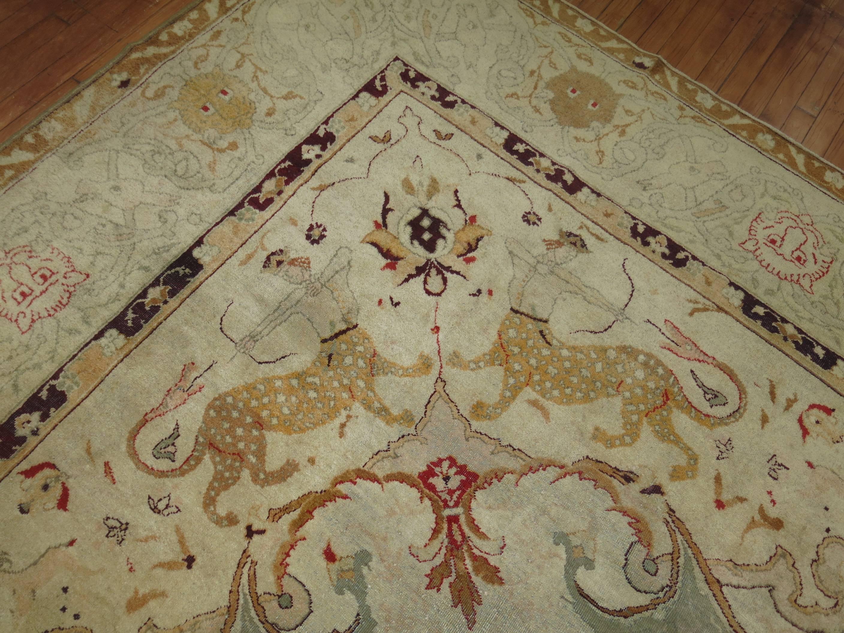 Antique Agra Indian Hunting Scene Carpet In Excellent Condition In New York, NY