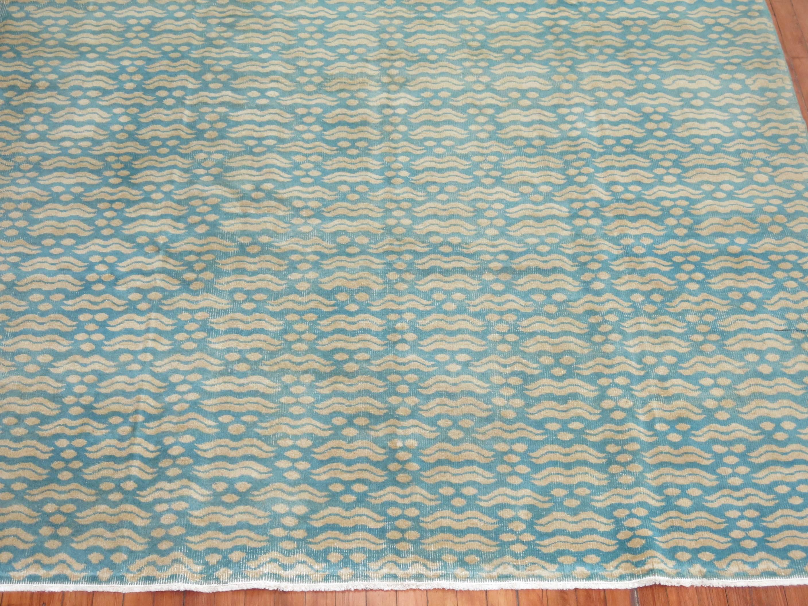 20th Century Turquoise Vintage Turkish Deco Rug