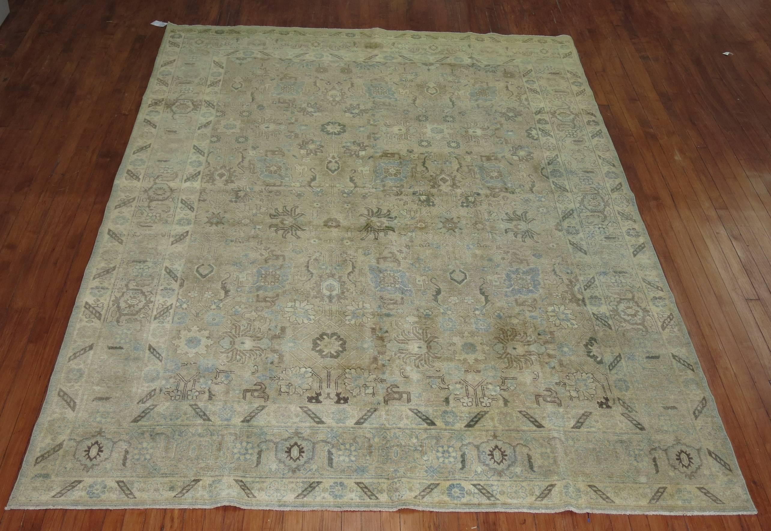 20th Persian Tabriz Room Size 8 x 10 Rug in Brown Blue In Fair Condition In New York, NY