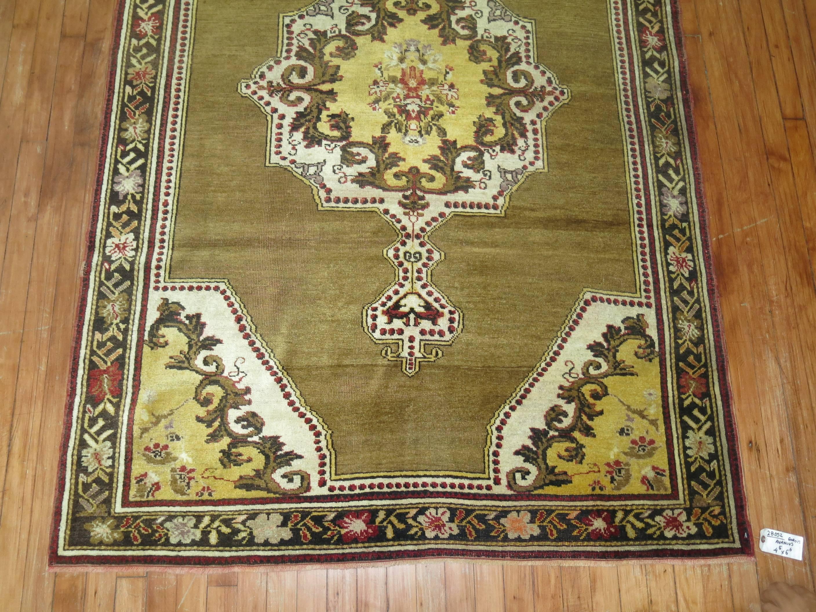 Hand-Woven Olive Brown Yellow Turkish Medallion Ghiordes Rug For Sale