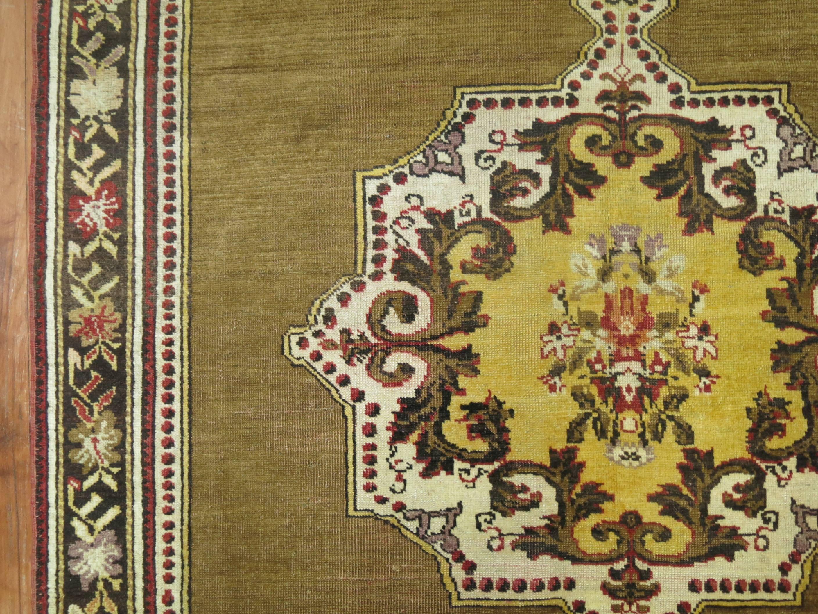 Wool Olive Brown Yellow Turkish Medallion Ghiordes Rug For Sale