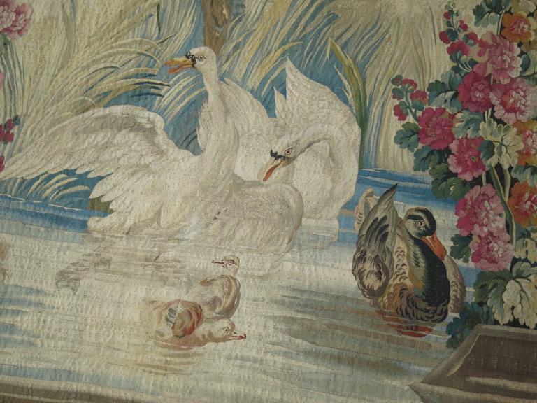 Wool Swans Ducks 18th Century Aubusson French Tapestry Panel For Sale