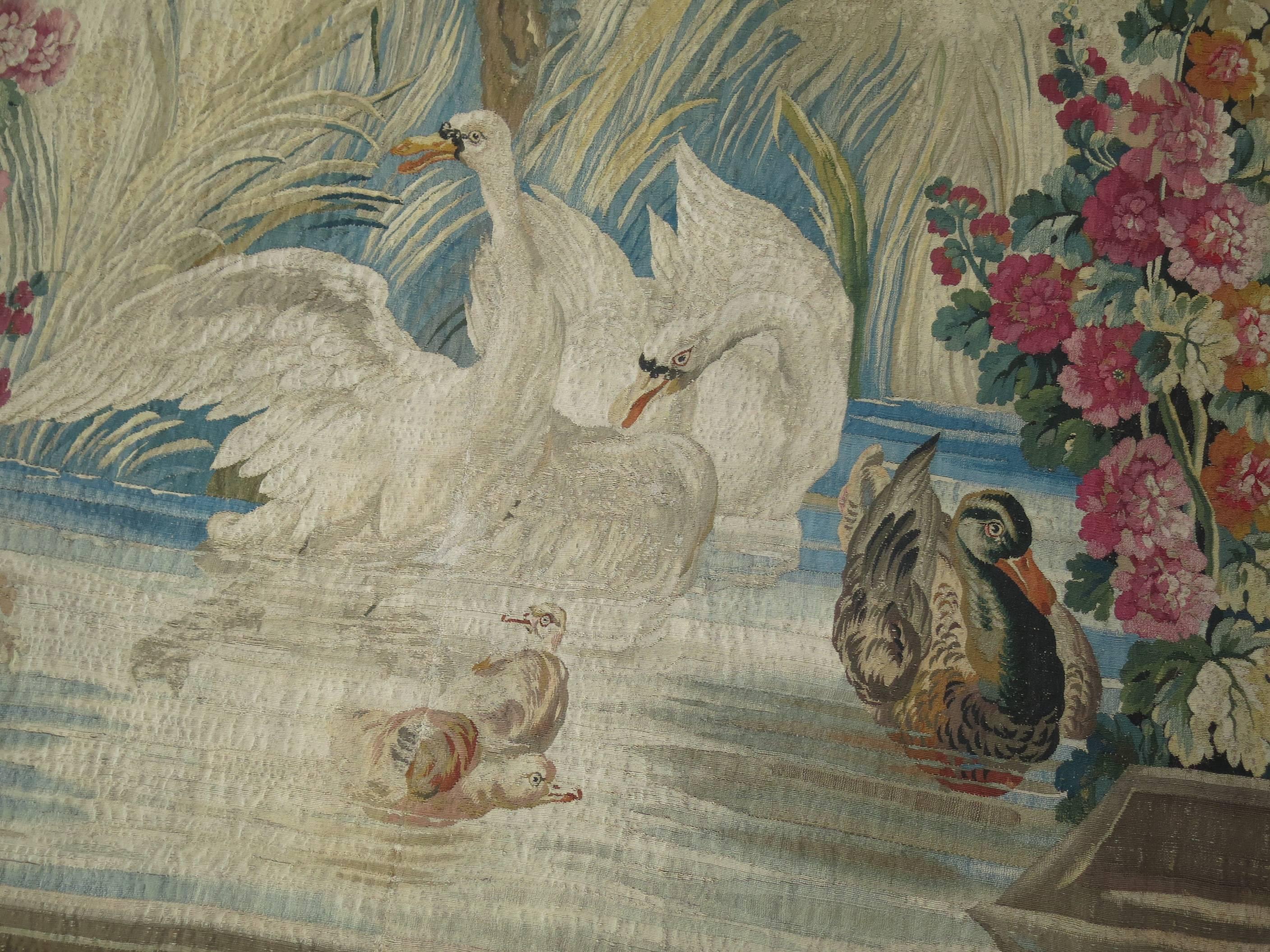 French Provincial Swans Ducks 18th Century Aubusson French Tapestry Panel For Sale