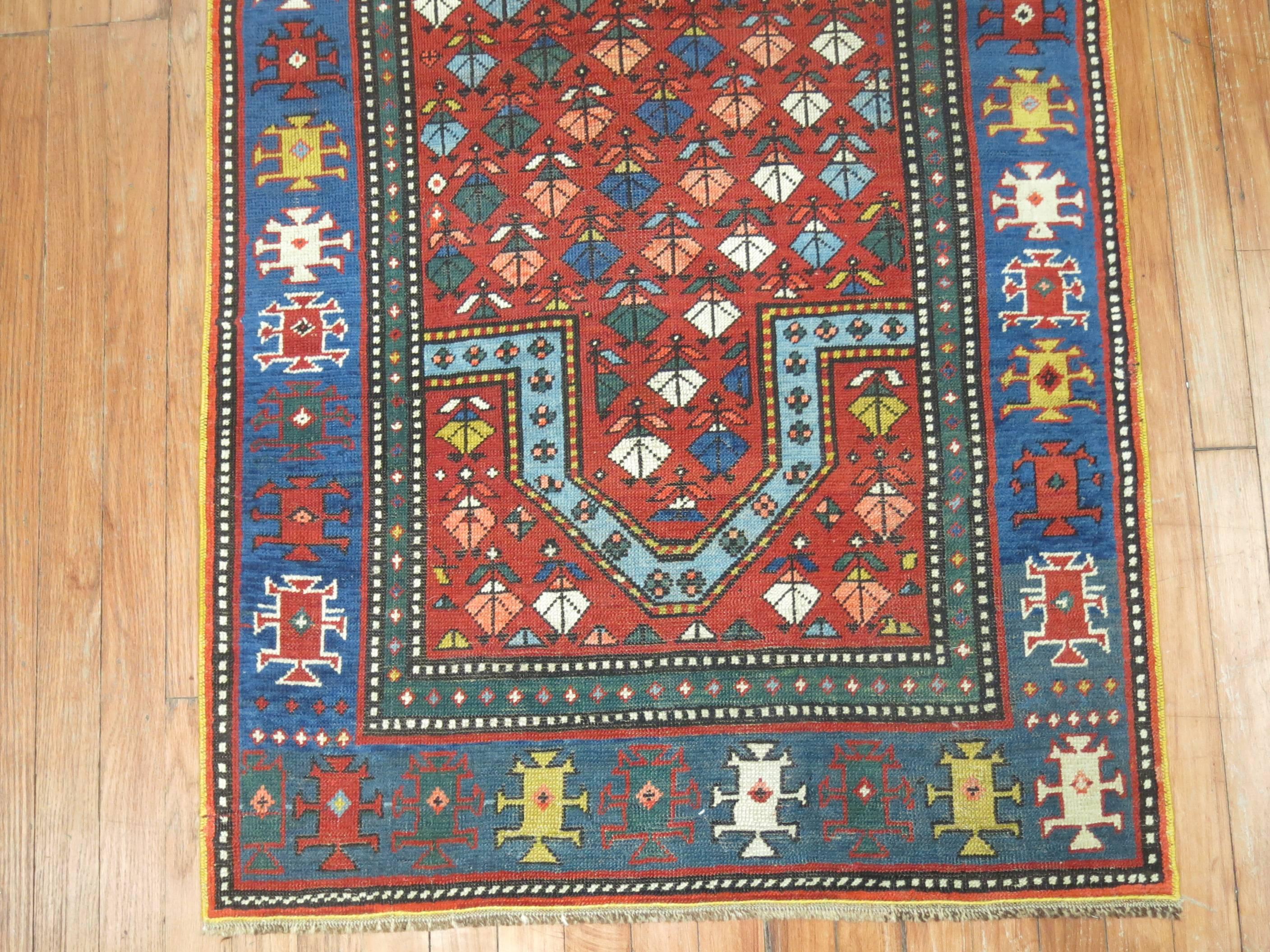 Hand-Knotted Zabihi Collection Antique Kazak Prayer Motif Rug For Sale