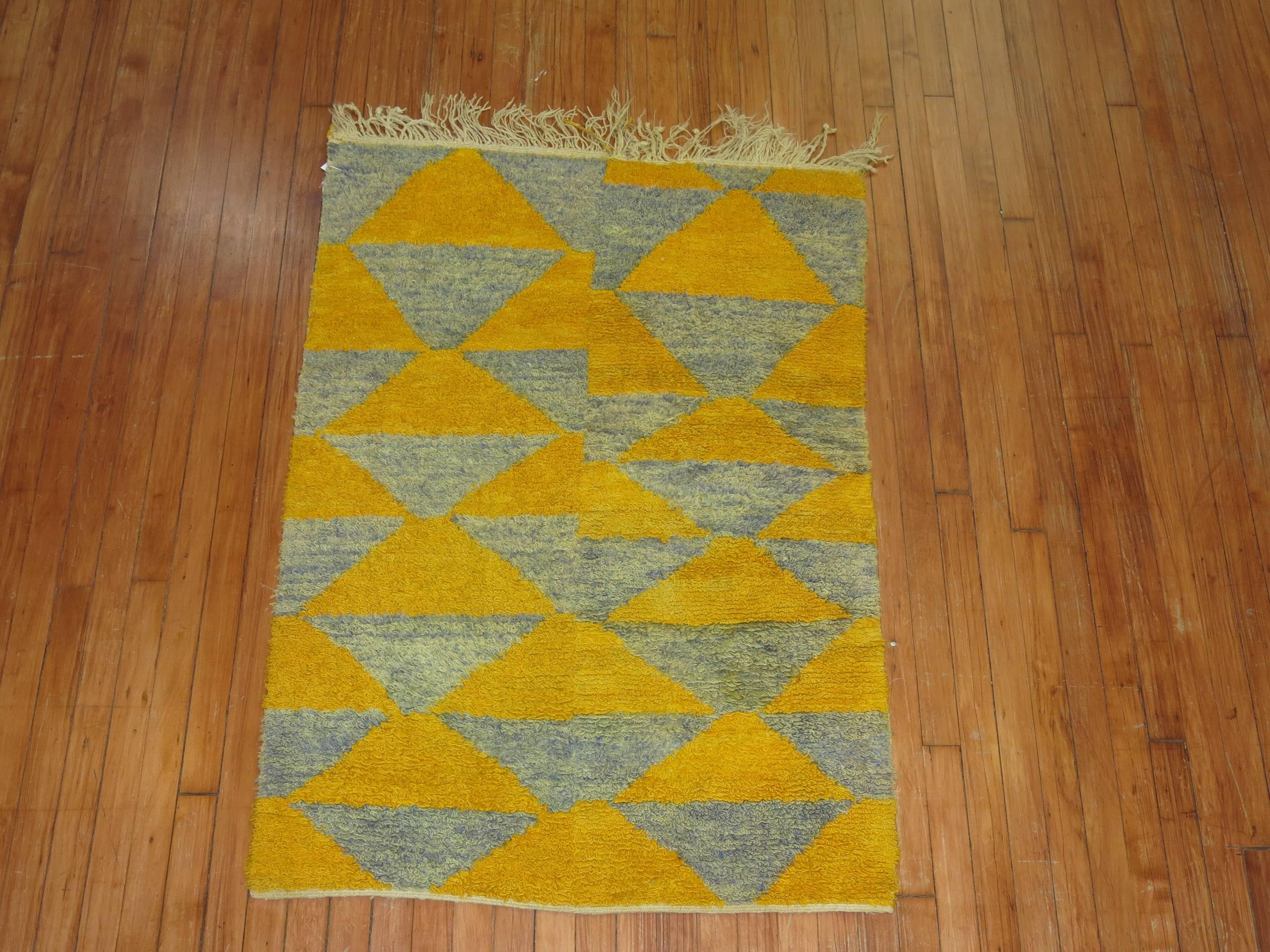 One of a kind handmade Turkish Konya shag rug in yellow and green blue colors.