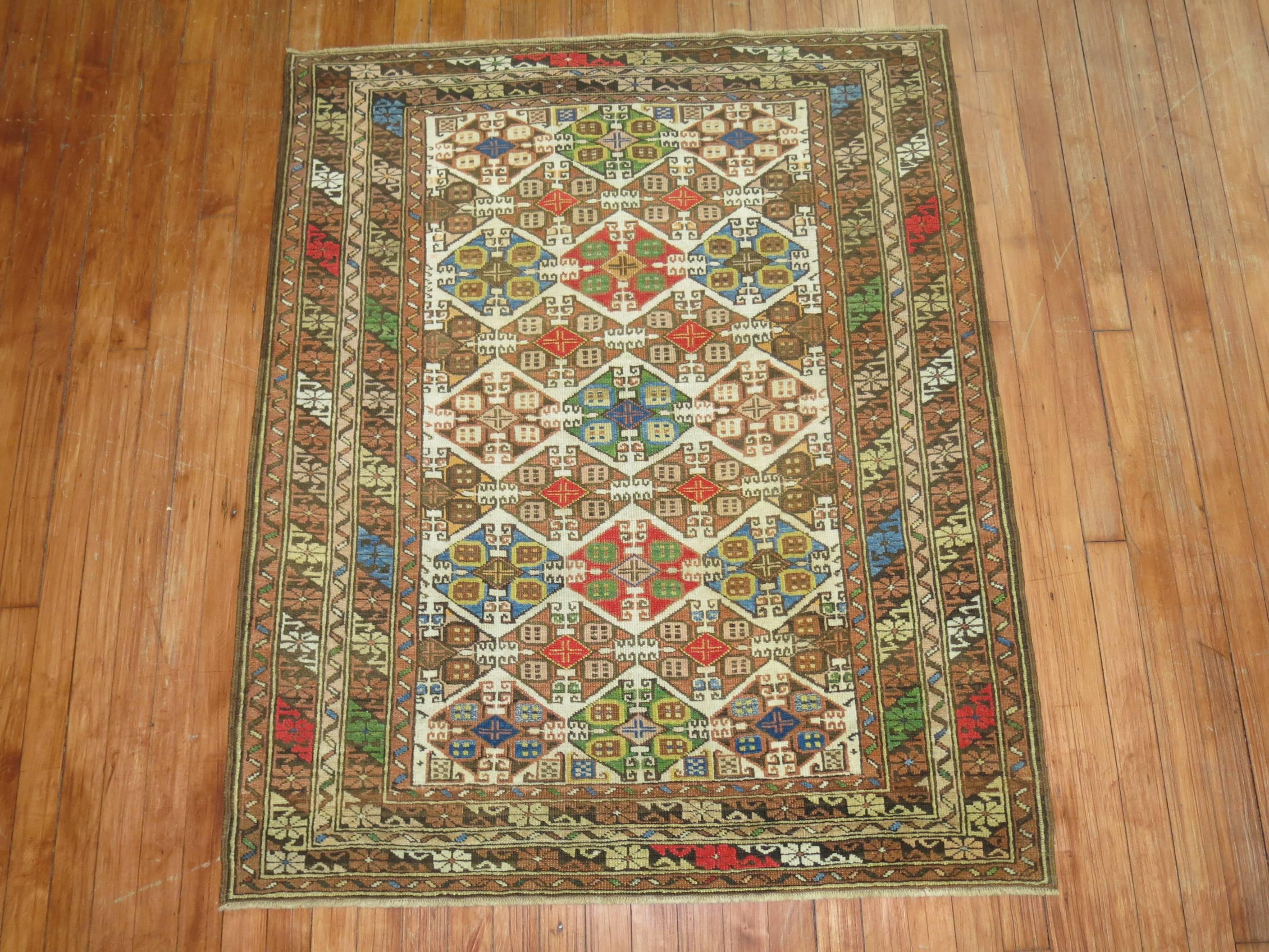 Zabihi Collection Colorful Antique Caucasian Rug For Sale 3