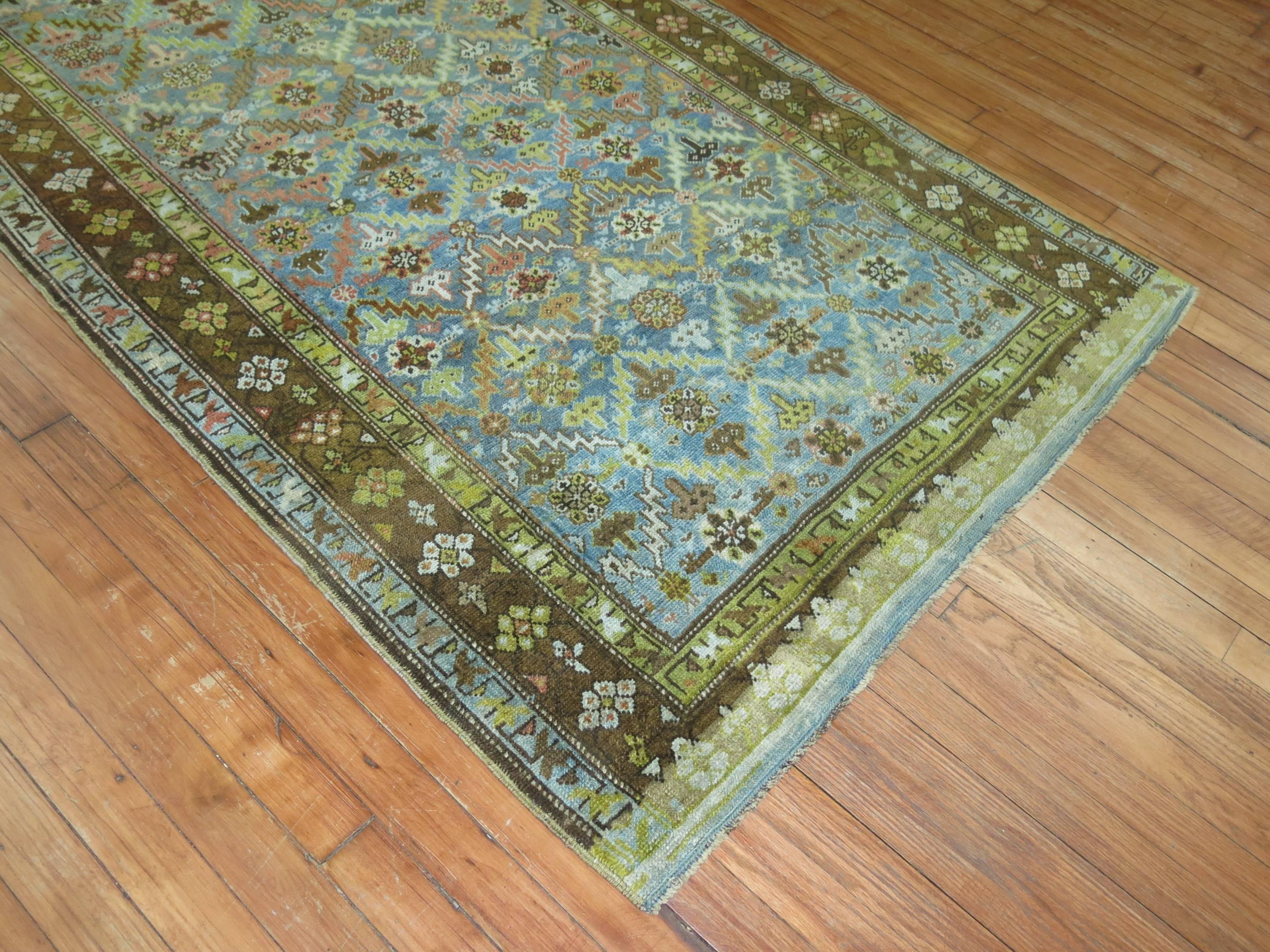 Space Age Karabagh Runner with Turquoise and Chartreuse