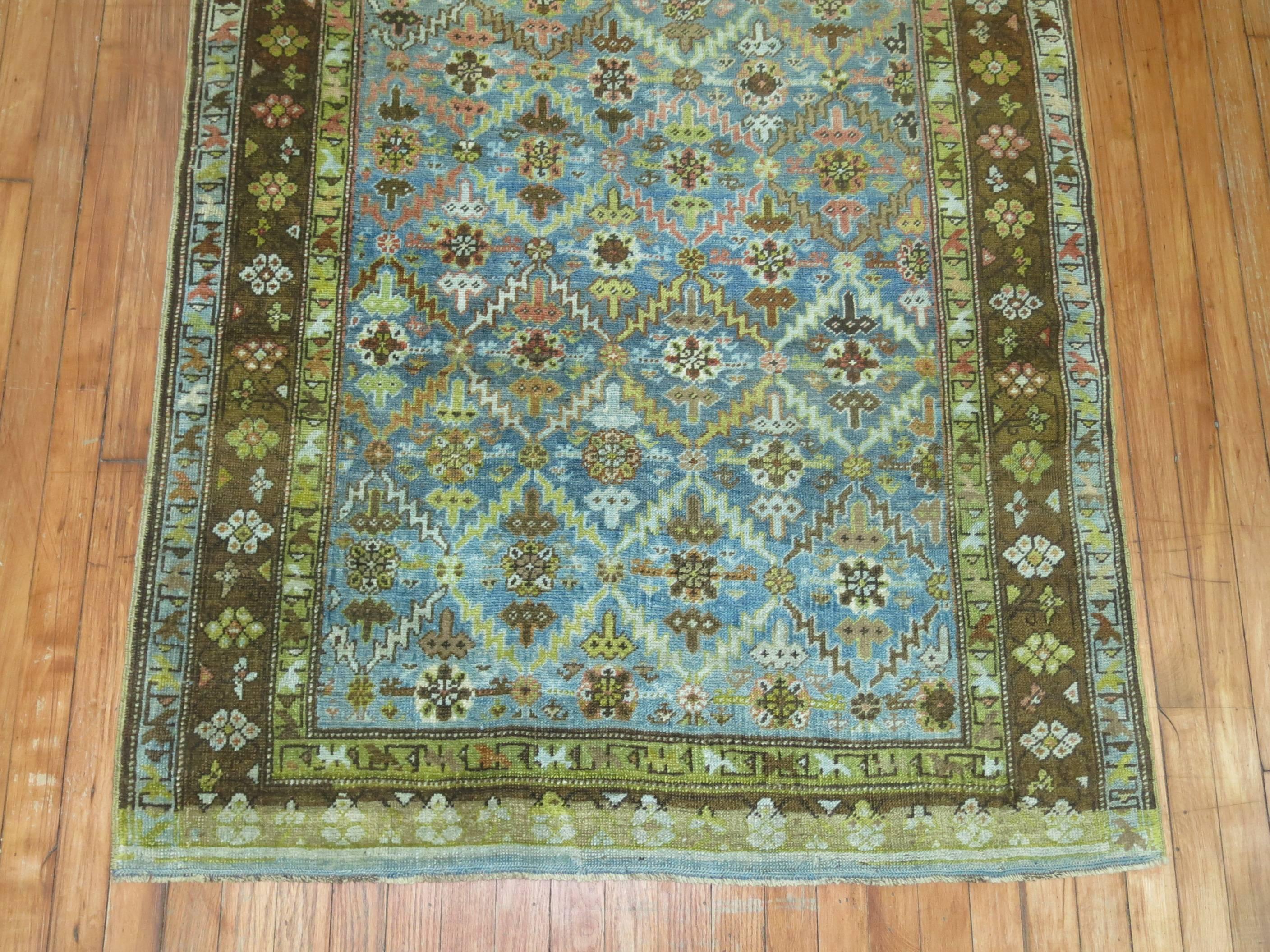 Russian Karabagh Runner with Turquoise and Chartreuse
