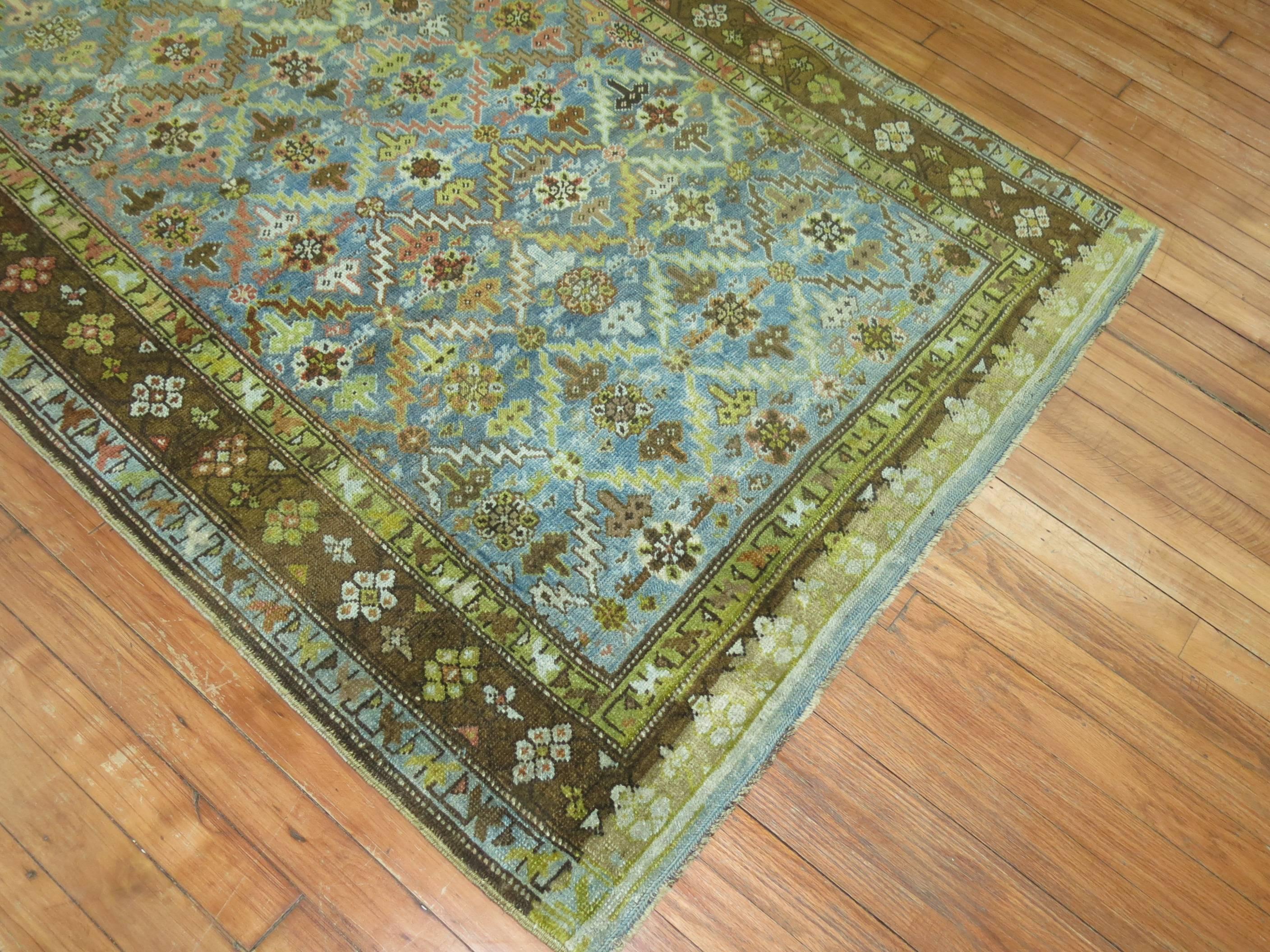 Karabagh Runner with Turquoise and Chartreuse In Excellent Condition In New York, NY