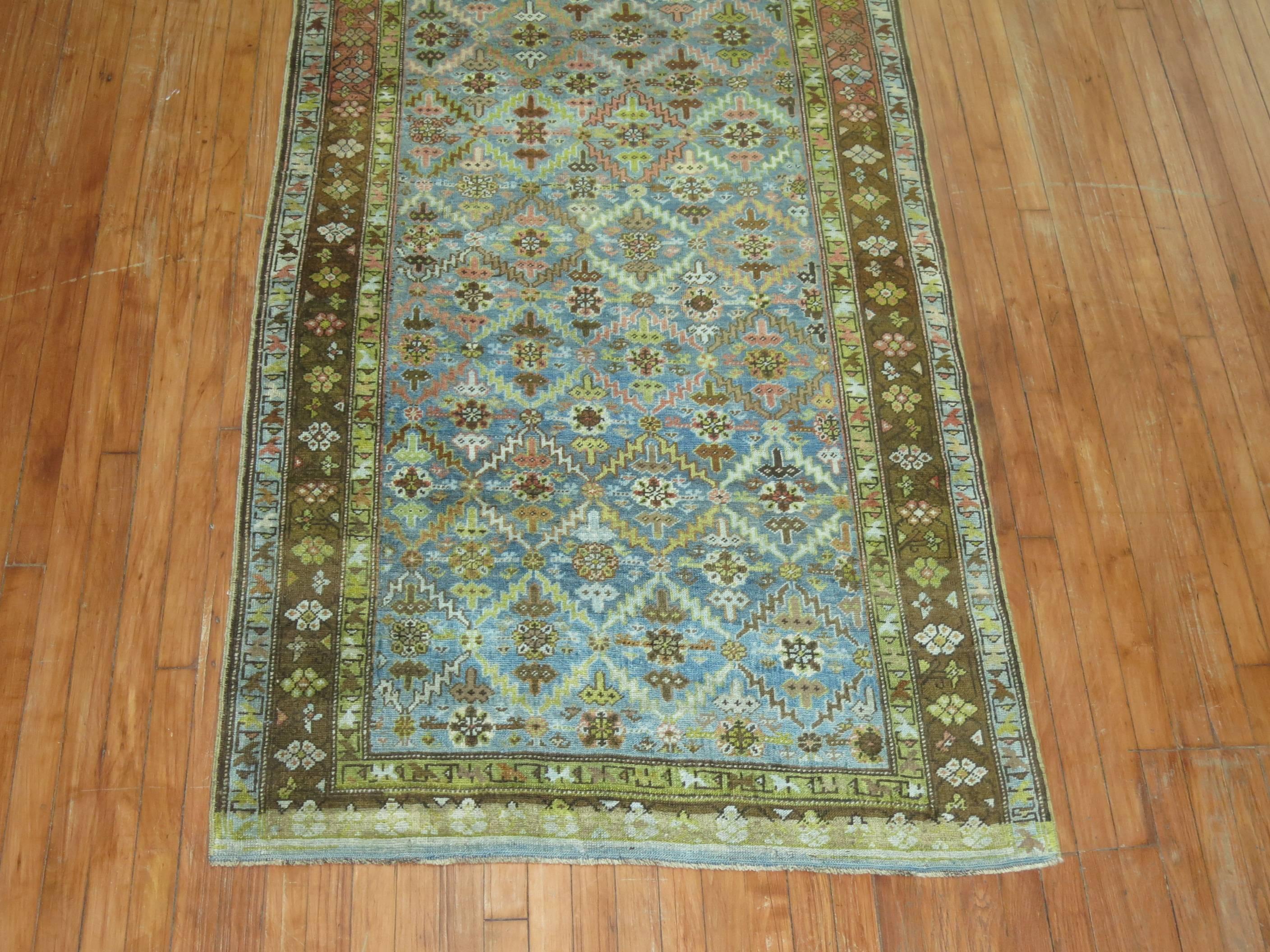 Wool Karabagh Runner with Turquoise and Chartreuse