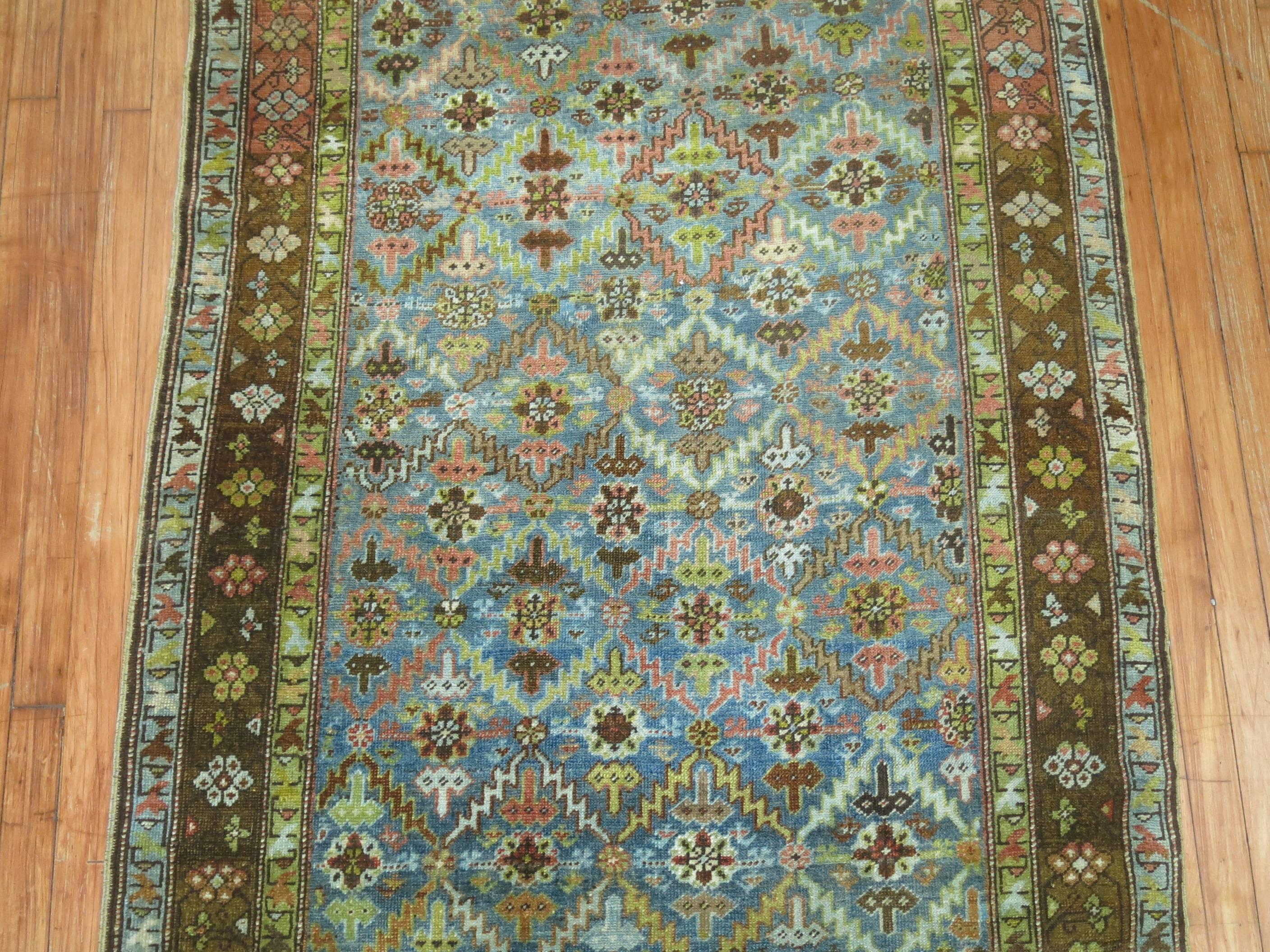 20th Century Karabagh Runner with Turquoise and Chartreuse