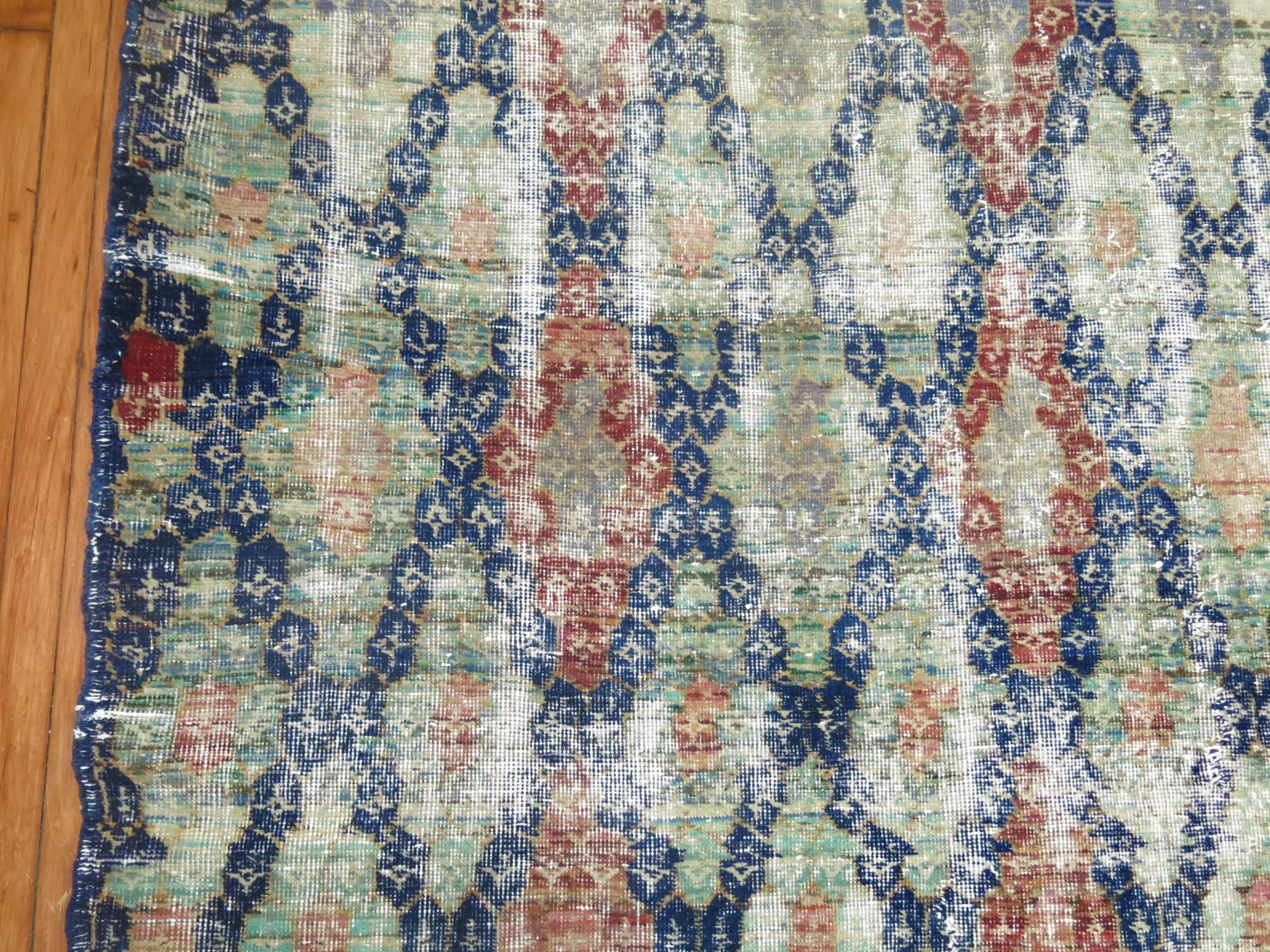 Alfombra Azul Shabby Chic Vintage Anatolian Deco Moderno de mediados de siglo en venta