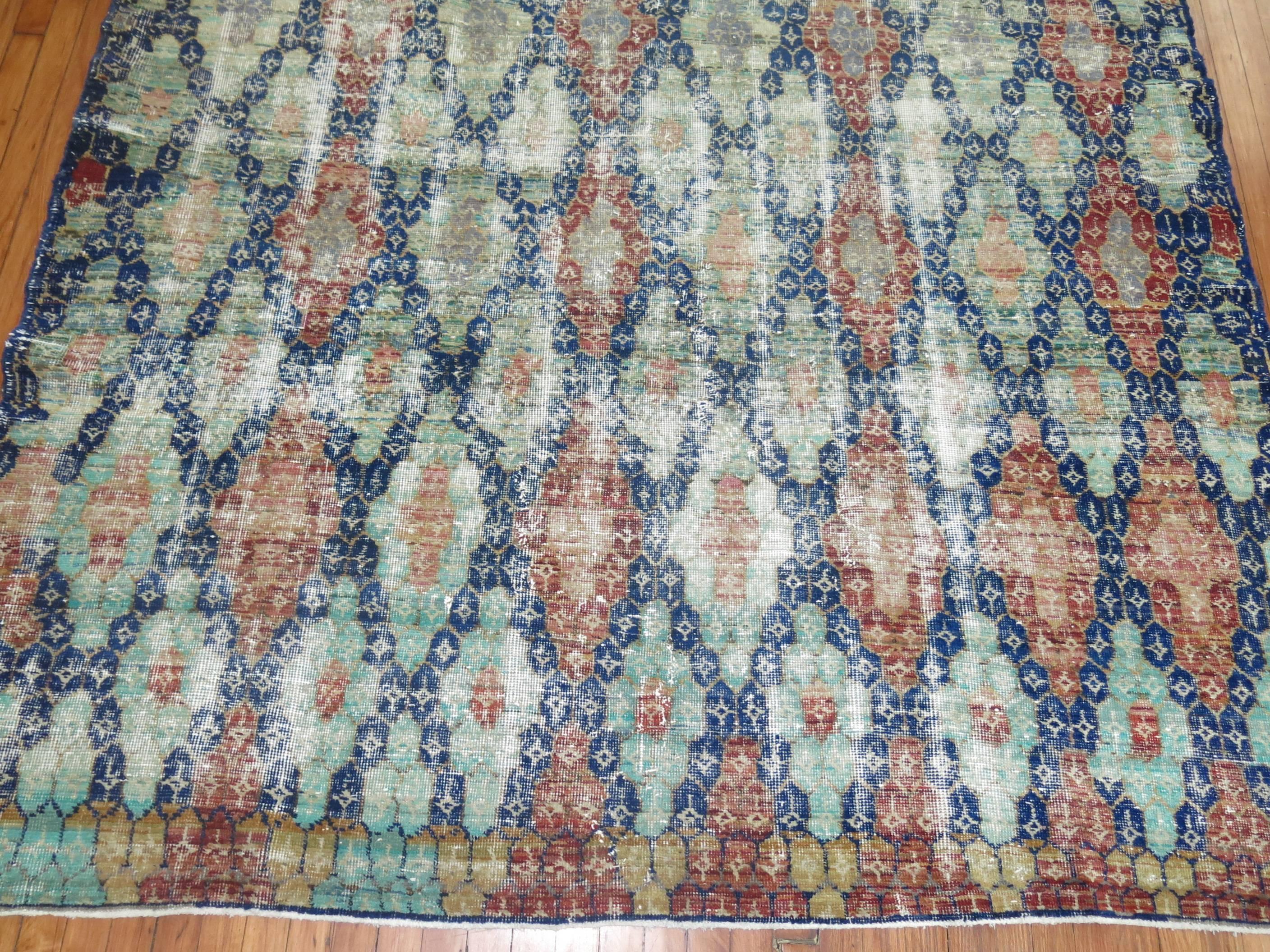 Mid-Century Modern Blue Shabby Chic Vintage Anatolian Deco Carpet For Sale