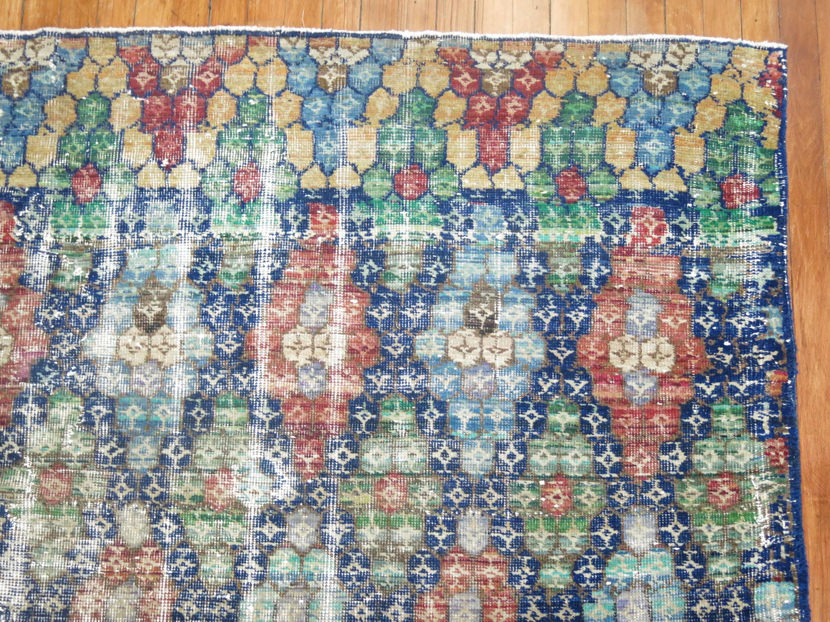 Blue Shabby Chic Vintage Anatolian Deco Carpet In Fair Condition For Sale In New York, NY