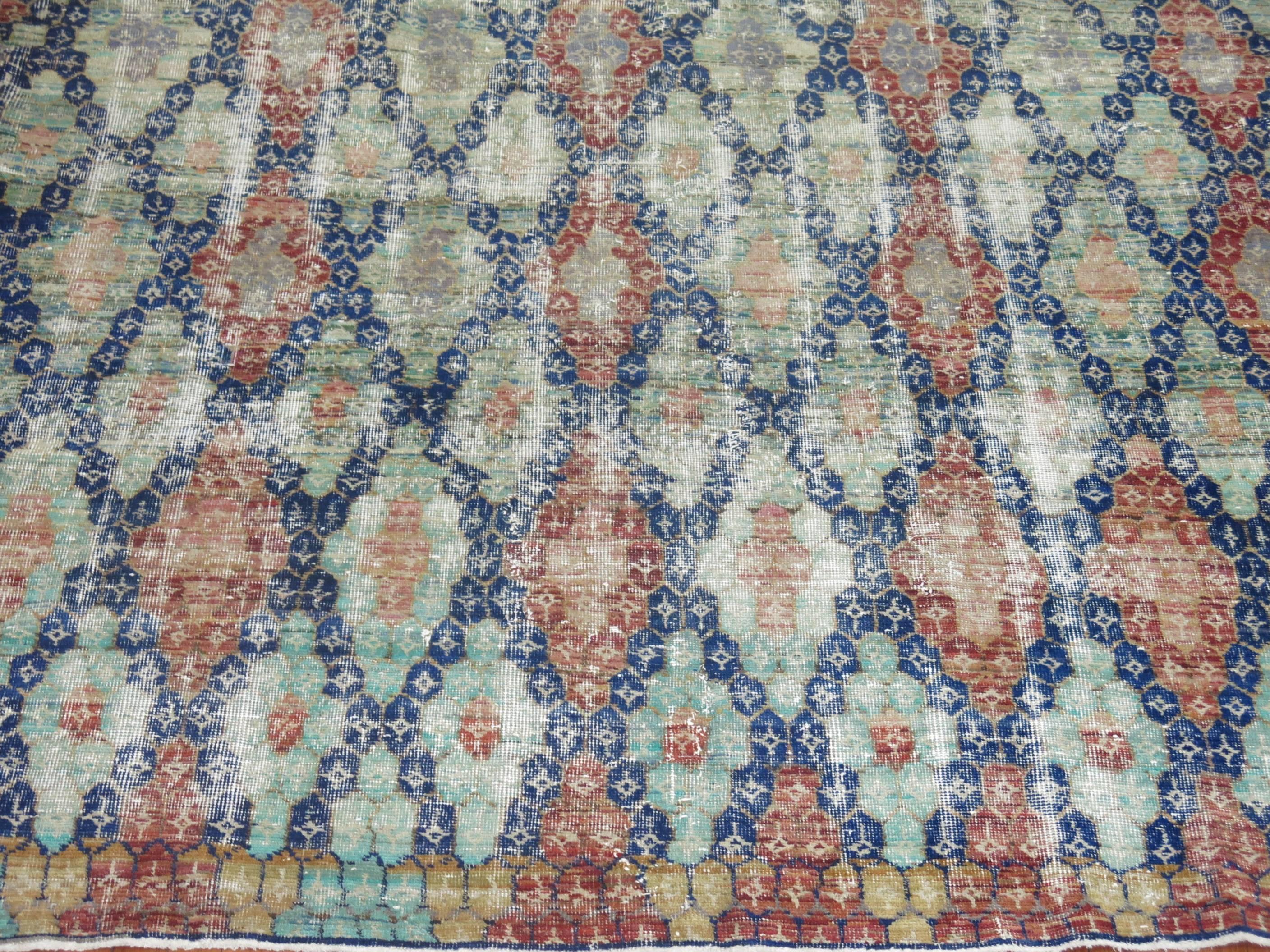 20th Century Blue Shabby Chic Vintage Anatolian Deco Carpet For Sale