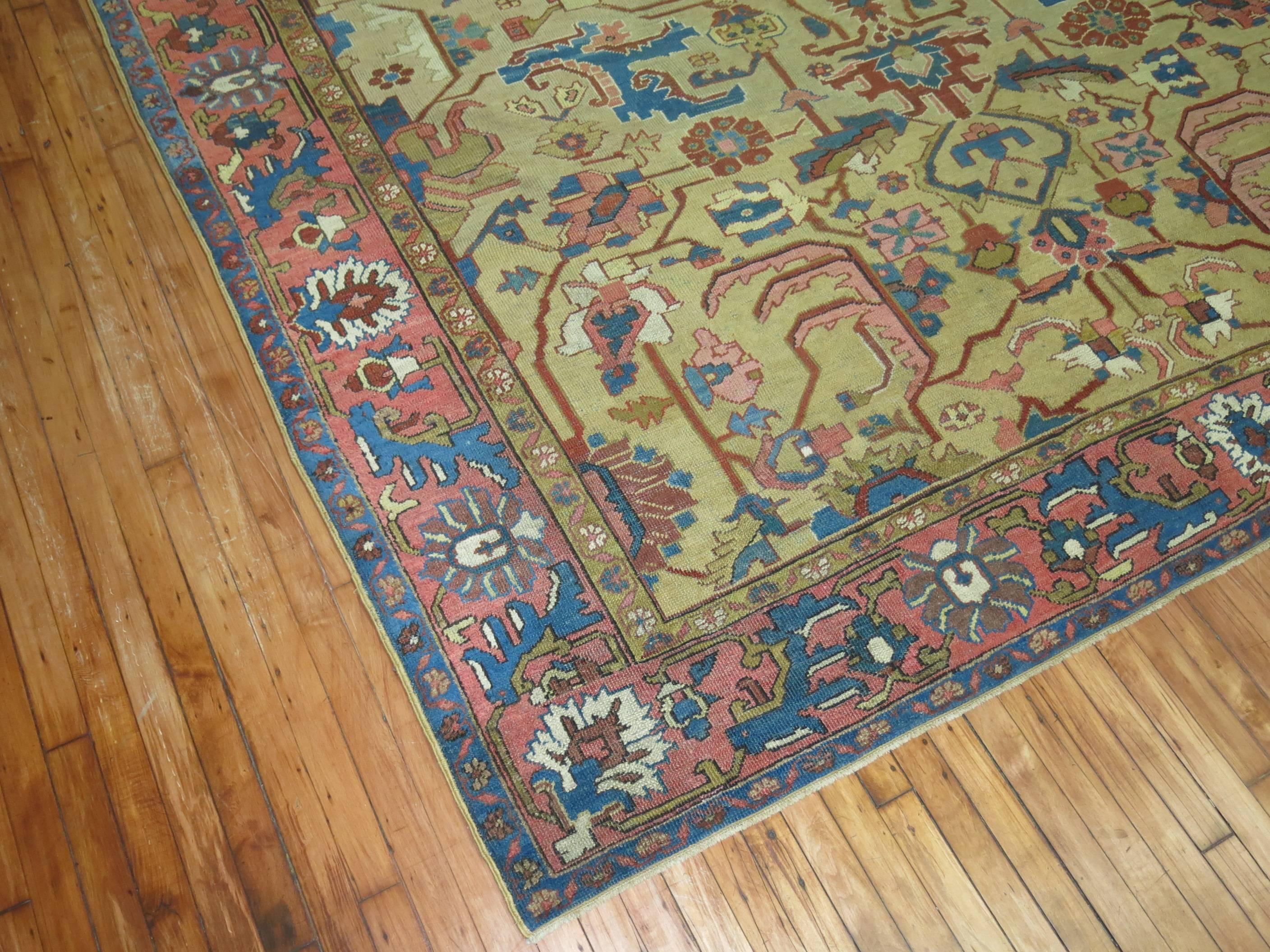 British Colonial Persian Heriz Carpet with Mustard Gold Field