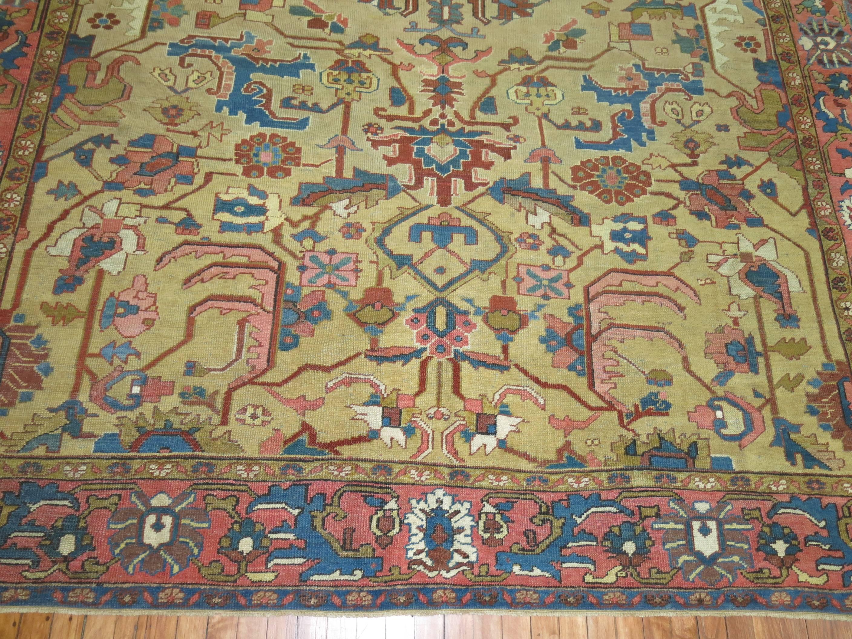 Wool Persian Heriz Carpet with Mustard Gold Field