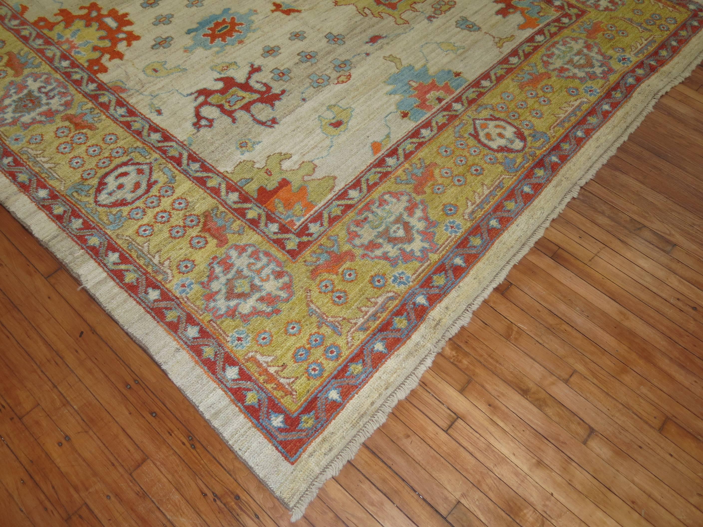 Contemporary Vintage Inspired Oushak Carpet For Sale