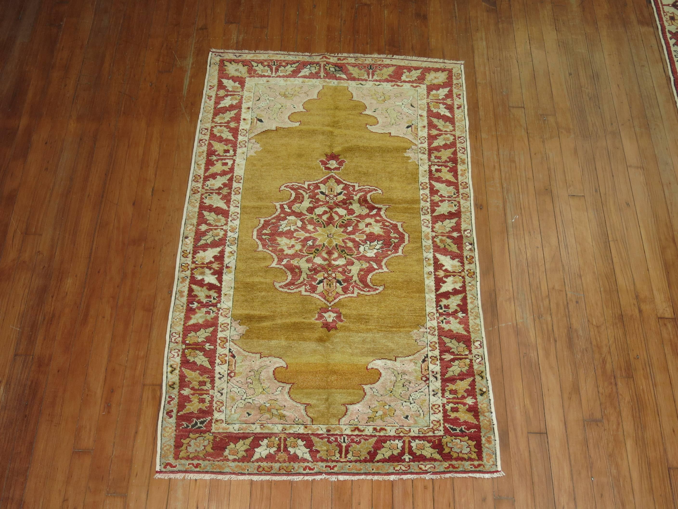 Tabriz Zabihi Collection Mustard Antique Turkish Scatter Throw Size Rug For Sale