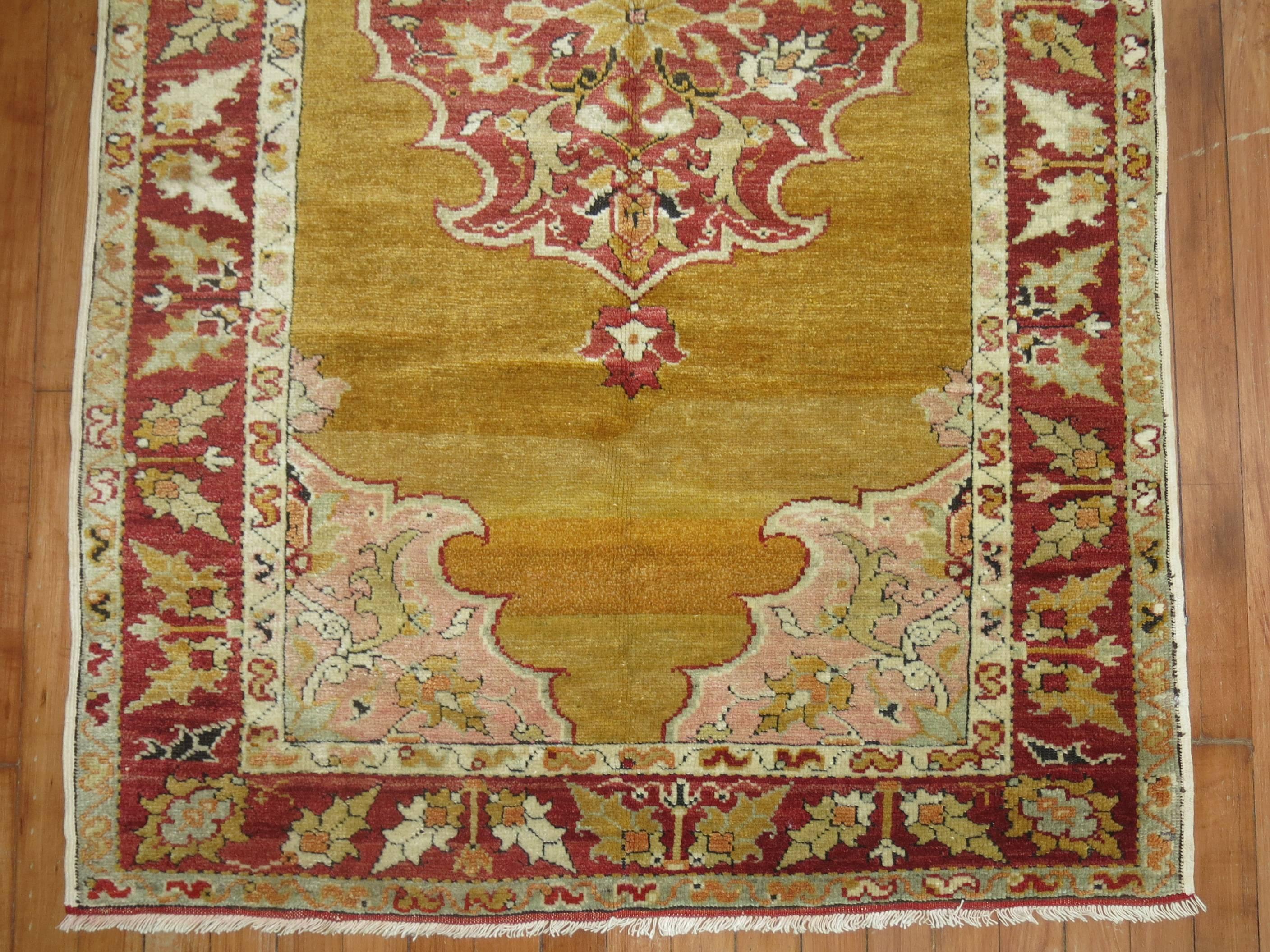 Zabihi Collection Mustard Antique Turkish Scatter Throw Size Rug In Good Condition For Sale In New York, NY