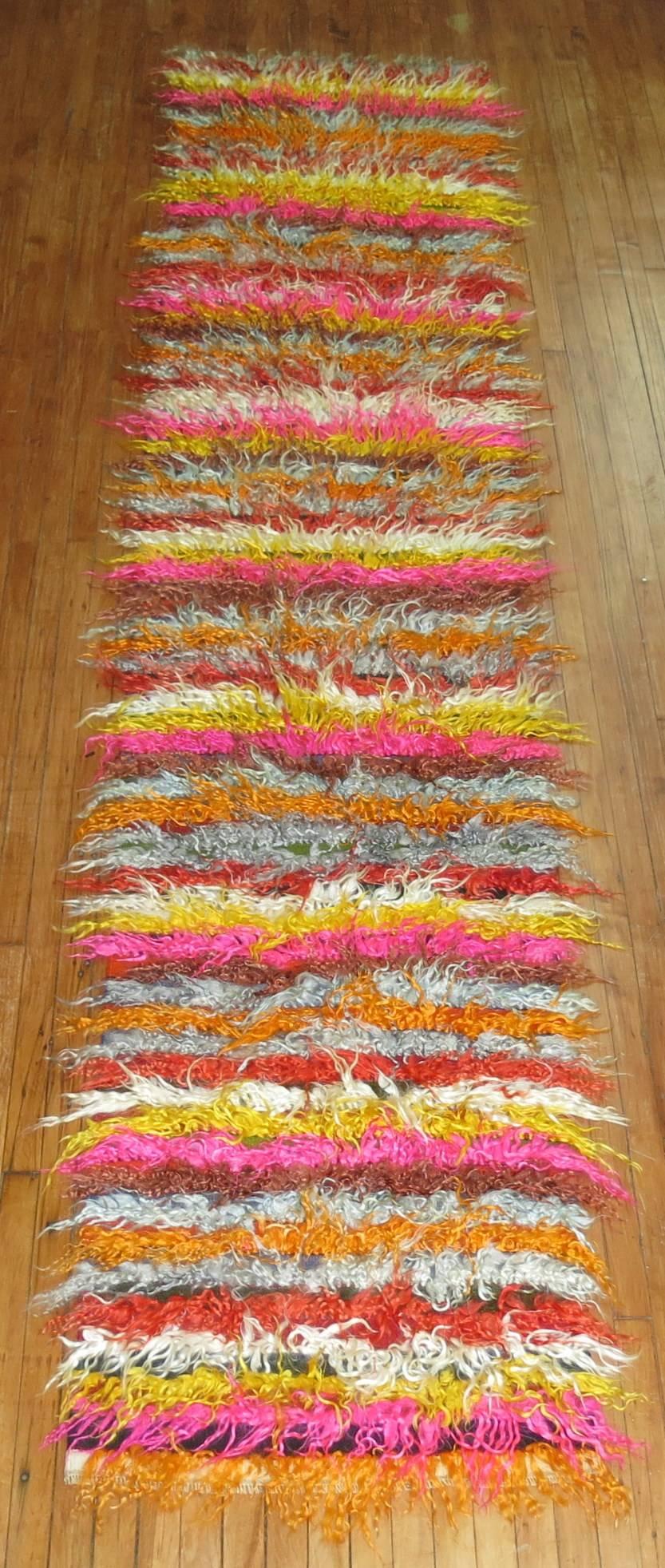 A rare runner size wild Turkish Tulu shag runner. Original size and colors.