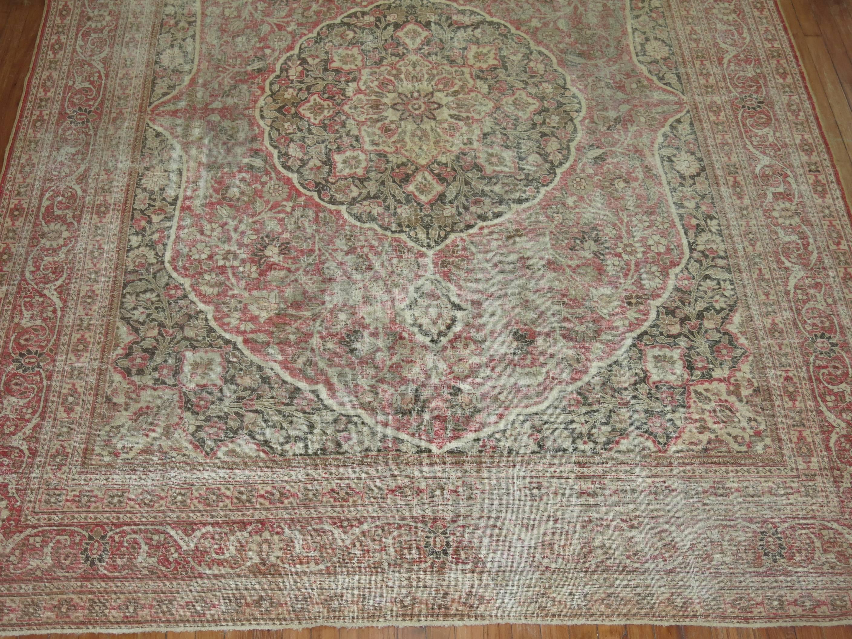 Zabihi Collection Worn Room size Persian Tabriz Rug For Sale 3