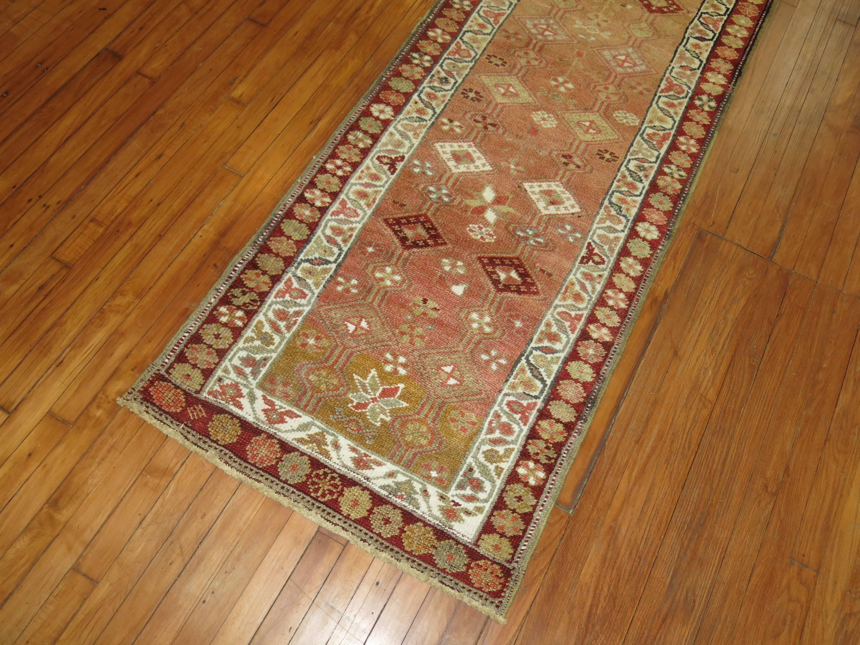 An abrashed Turkish Anatolian runner from the middle of the 20th century.
Abrash is a term used to describe color variations found in hand-knotted oriental rugs. Although such inconsistencies may be perceived as flaws in coloration, Abrash gives a