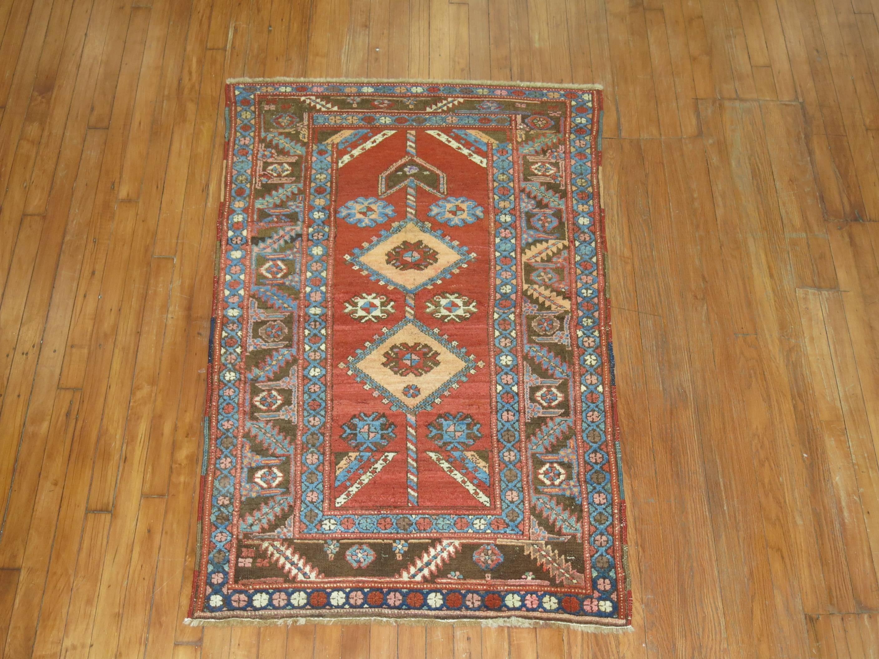 An early 20th century Northwest Persian rug with Bakshaish characteristics.

Bakshaish weavers employed both soft reds and blue tones for the base color of the field, with the use of ivory or sometimes, golden Camelhair grounds being particularly