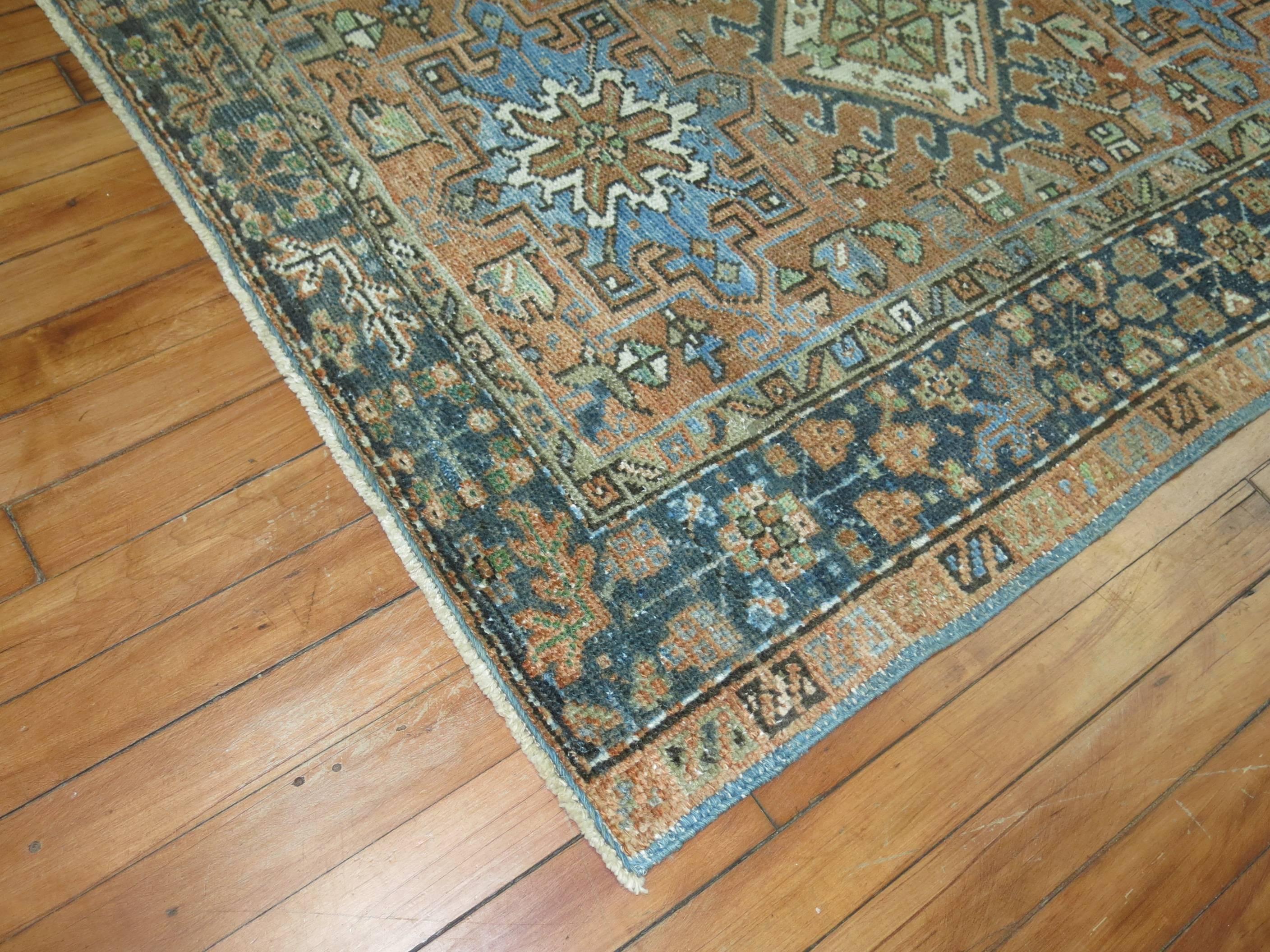 Persian Heriz throw rug. Soft brown field with touches of soft blue you seldom find in rugs from this region.
