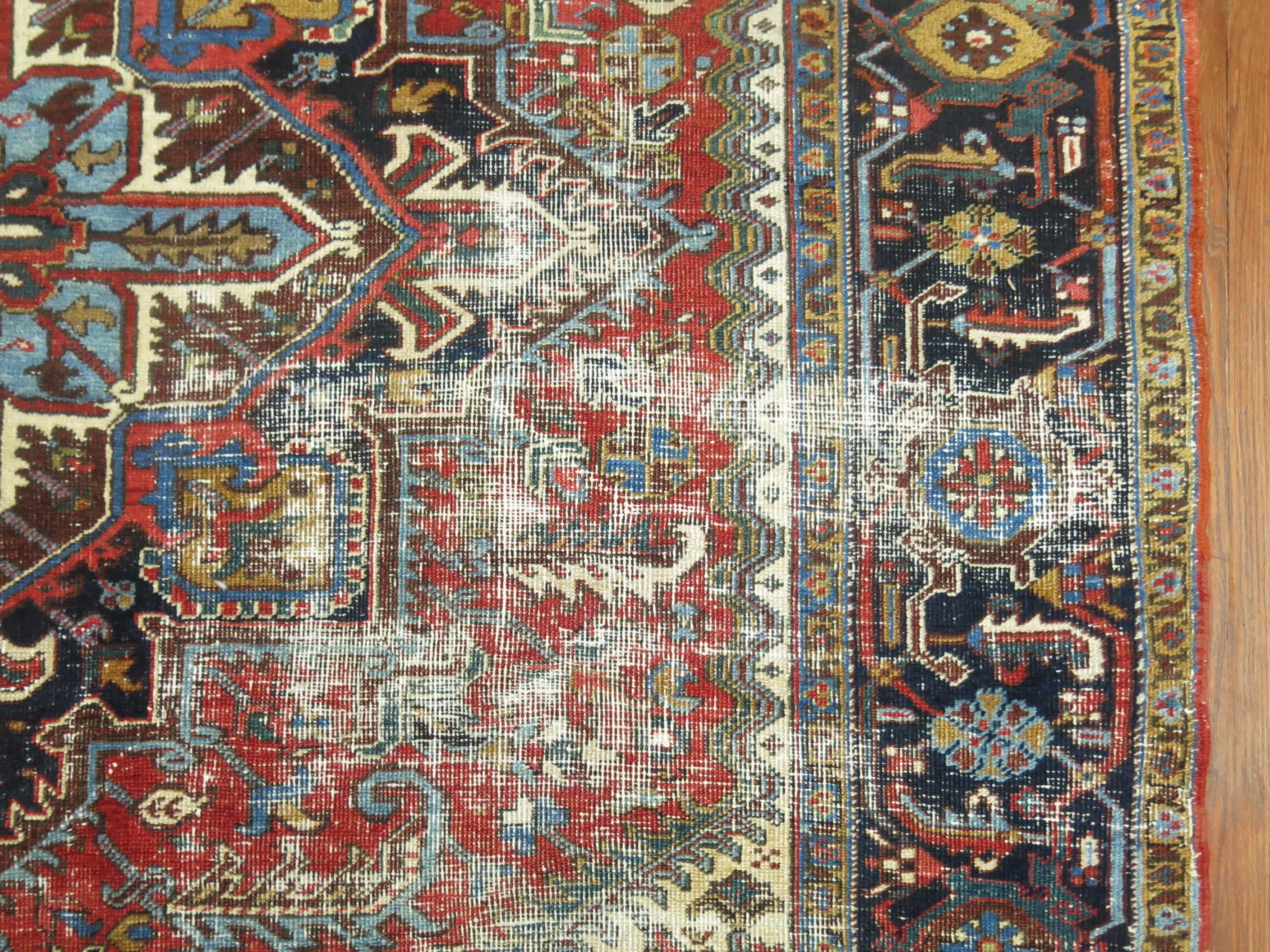 Hand-Knotted Traditional Worn Antique Persian Heriz Carpet