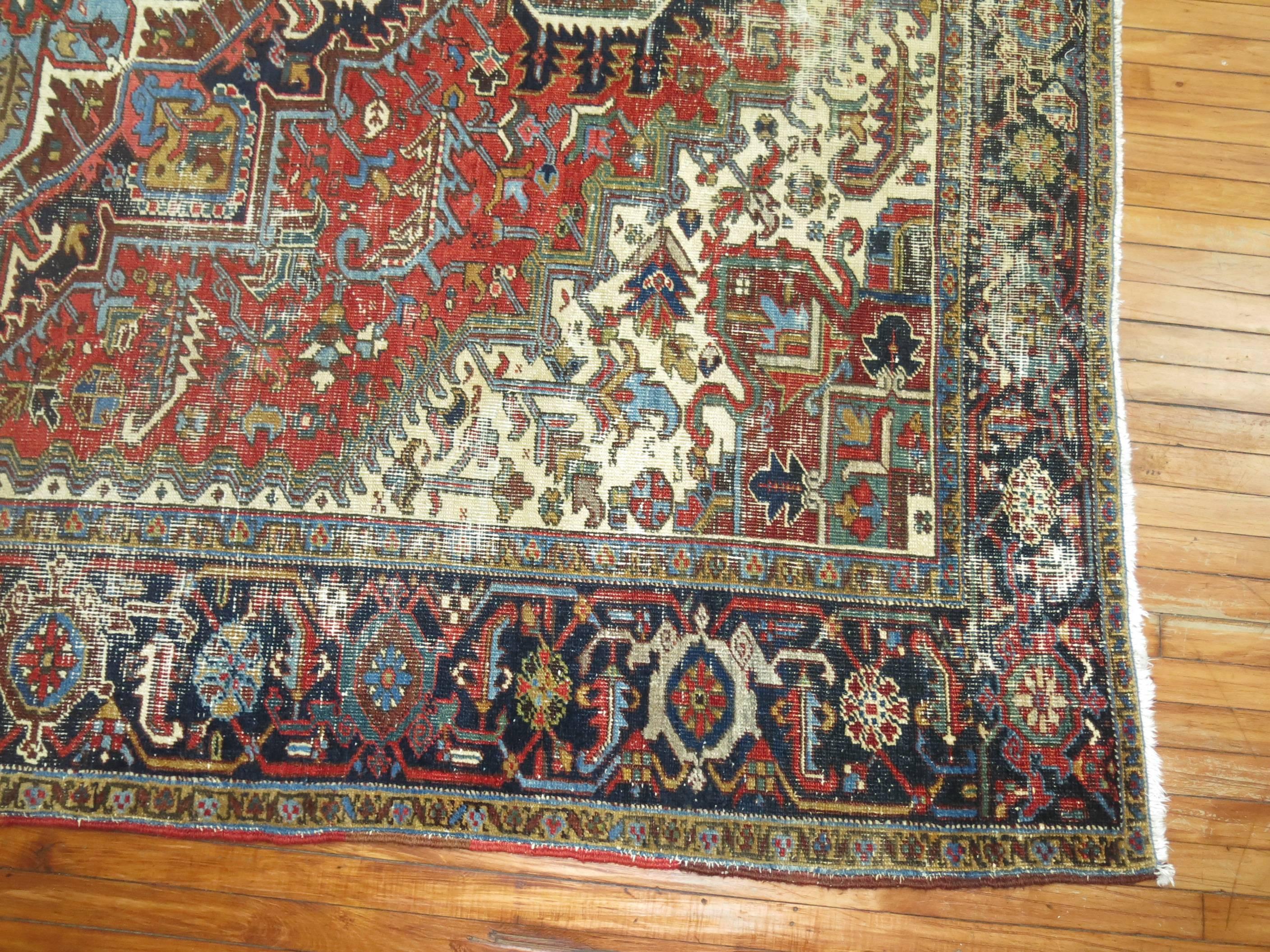 Early 20th Century Traditional Worn Antique Persian Heriz Carpet