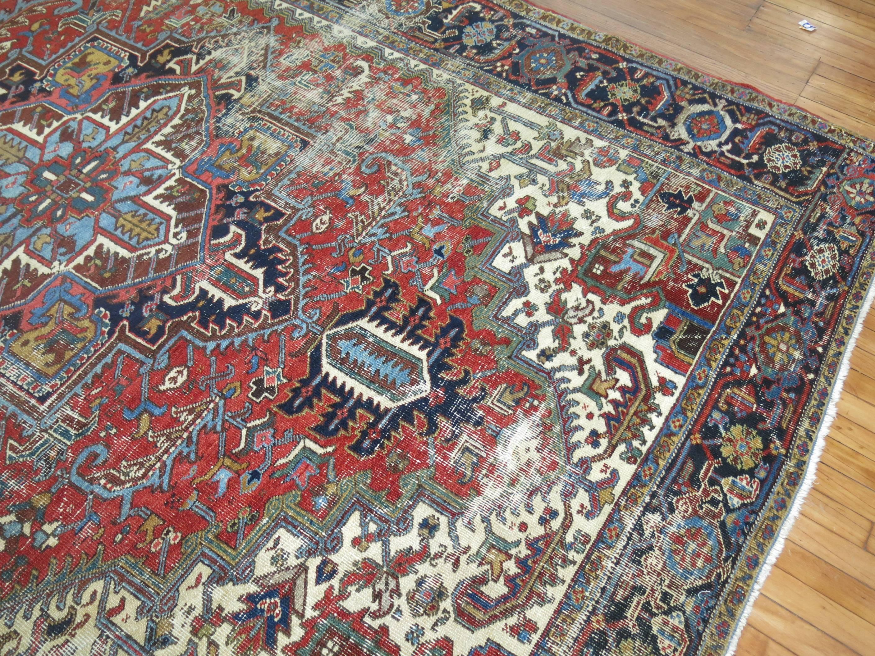 Wool Traditional Worn Antique Persian Heriz Carpet